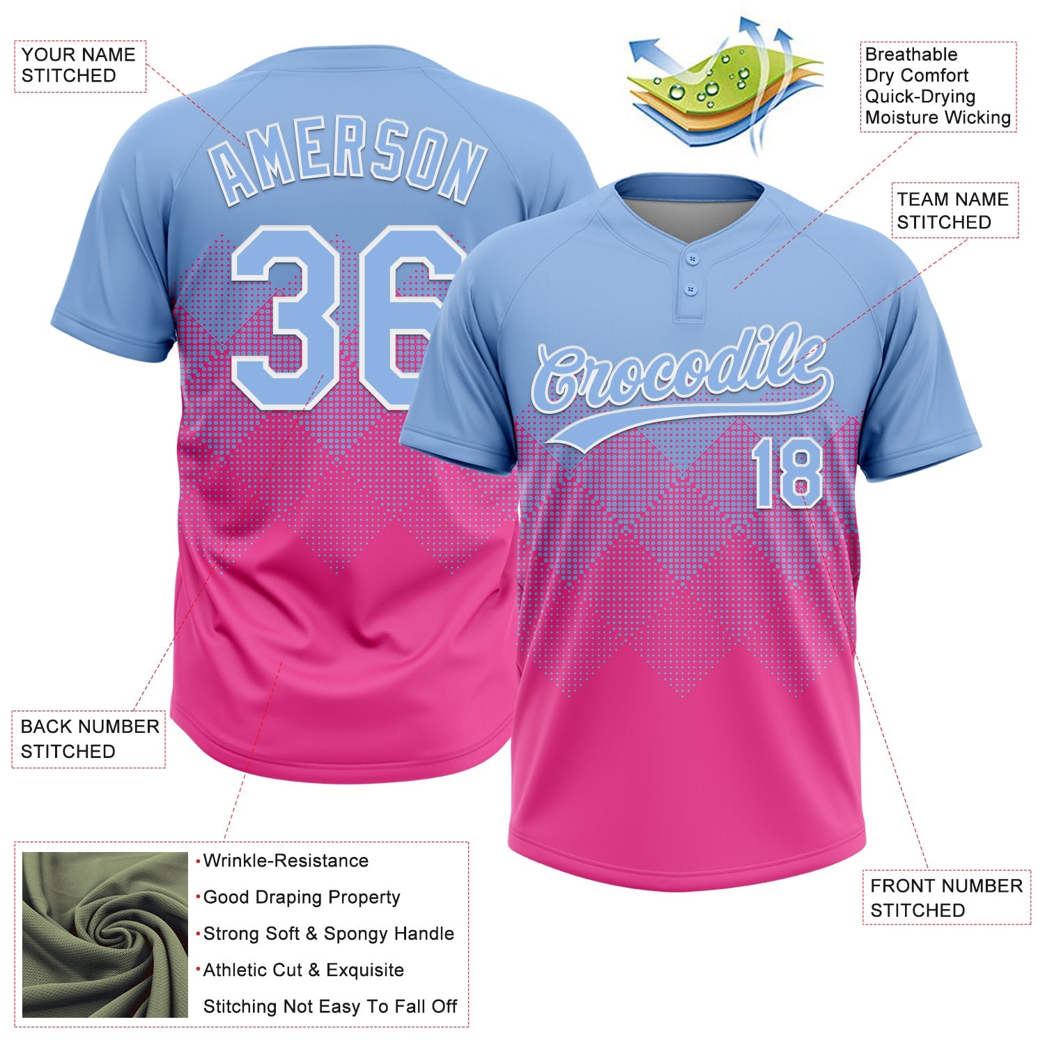 Custom Light Blue Pink-White 3D Gradient Square Shape Two-Button Unisex Softball Jersey