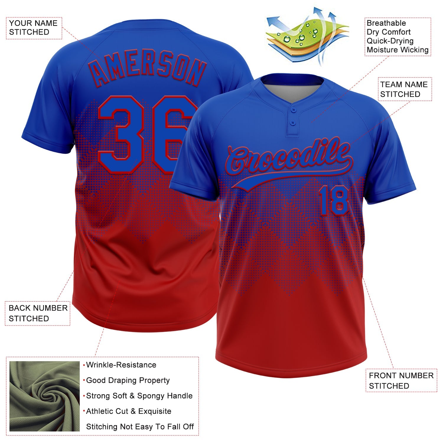 Custom Thunder Blue Red 3D Gradient Square Shape Two-Button Unisex Softball Jersey