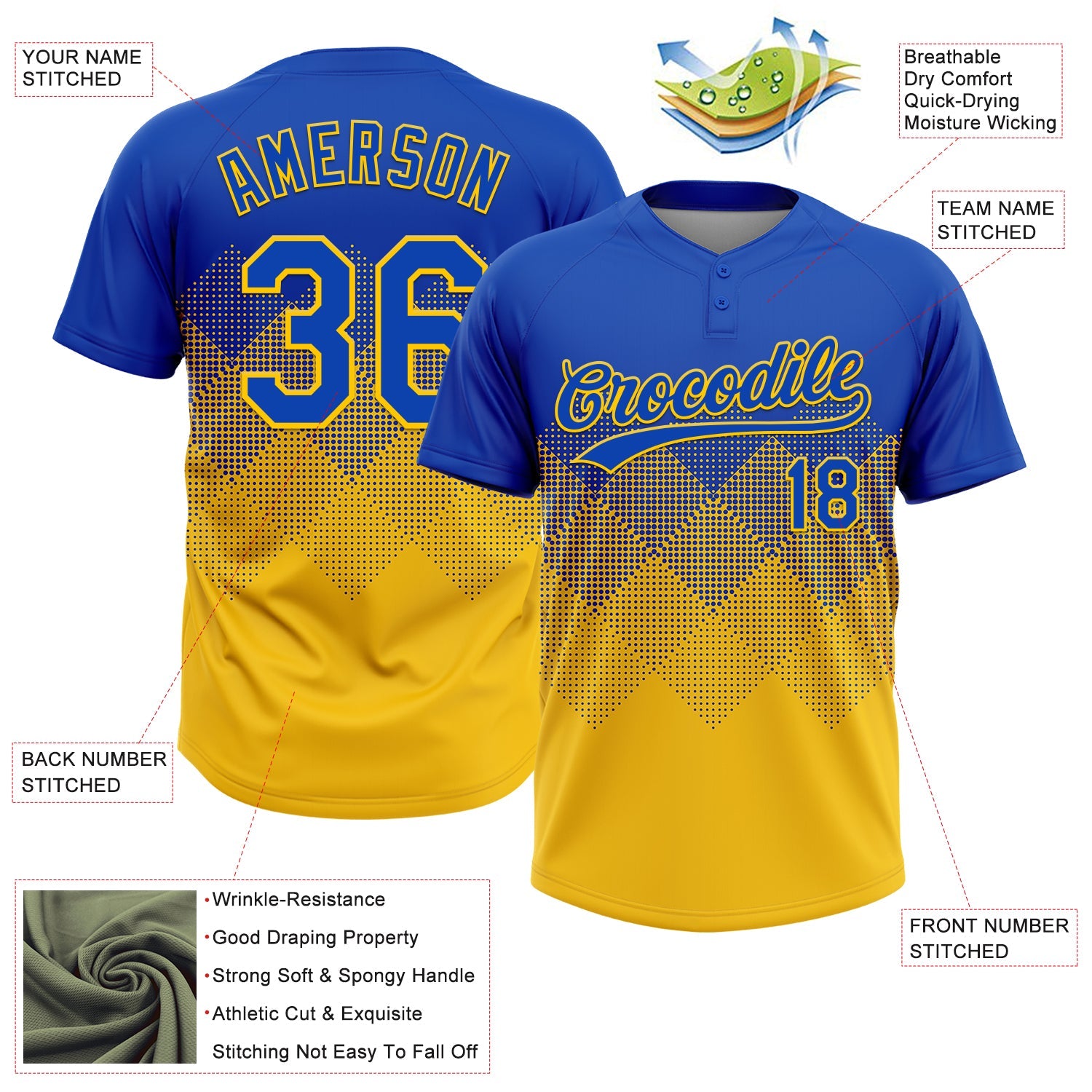 Custom Thunder Blue Yellow 3D Gradient Square Shape Two-Button Unisex Softball Jersey