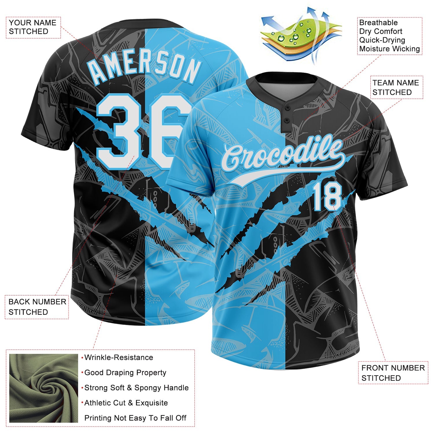 Custom Graffiti Pattern White Black-Sky Blue 3D Scratch Two-Button Unisex Softball Jersey