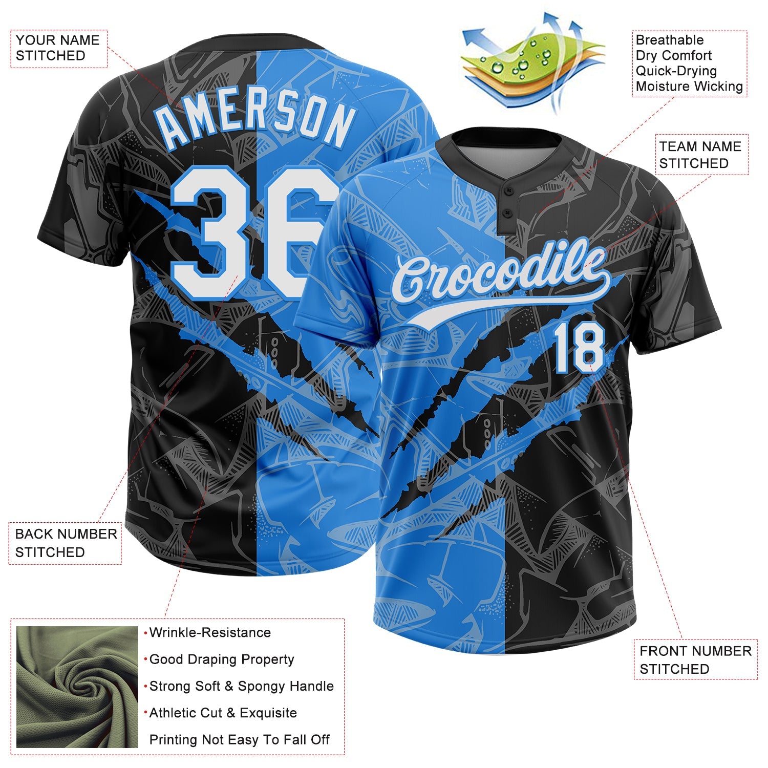 Custom Graffiti Pattern White Black-Electric Blue 3D Scratch Two-Button Unisex Softball Jersey