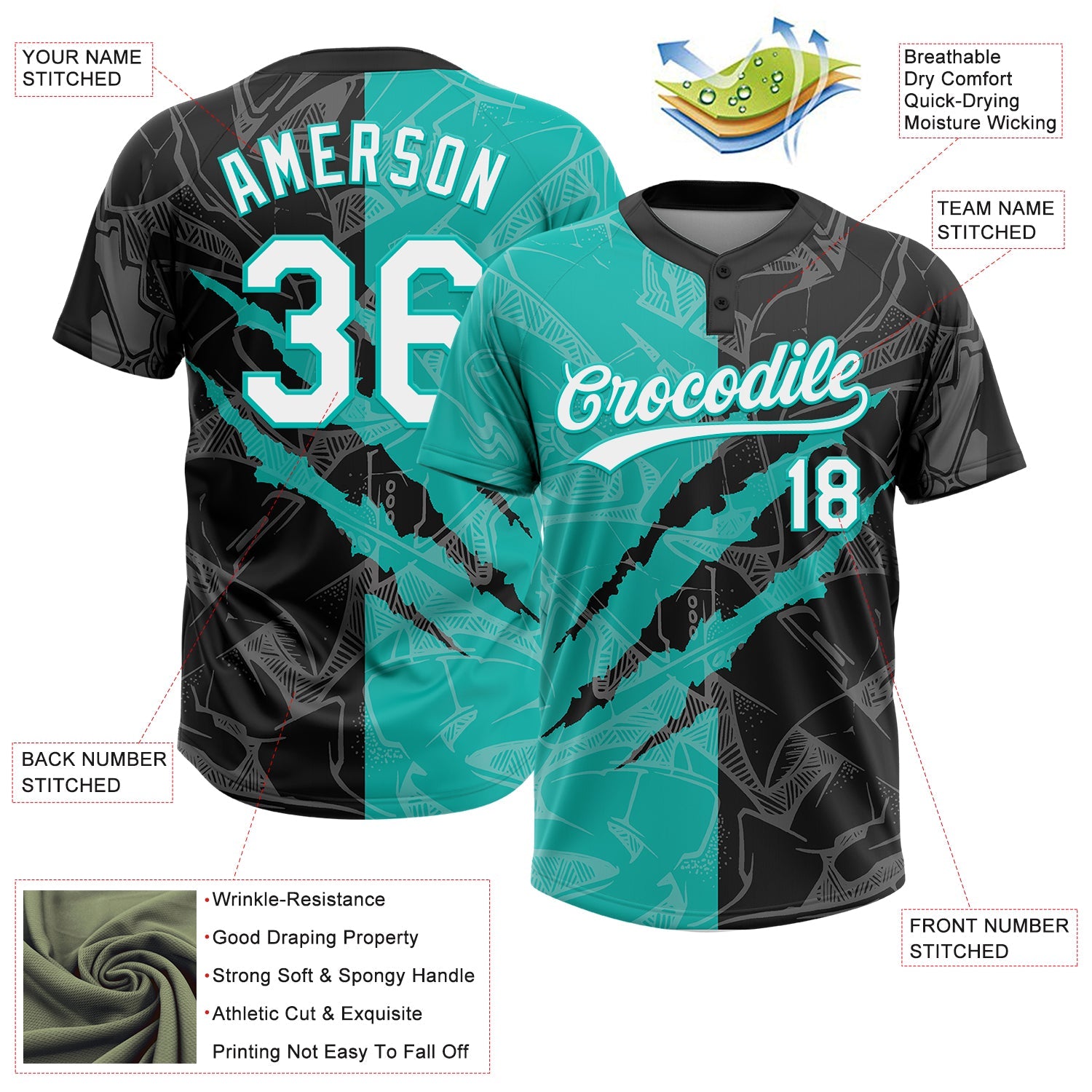 Custom Graffiti Pattern White Black-Aqua 3D Scratch Two-Button Unisex Softball Jersey