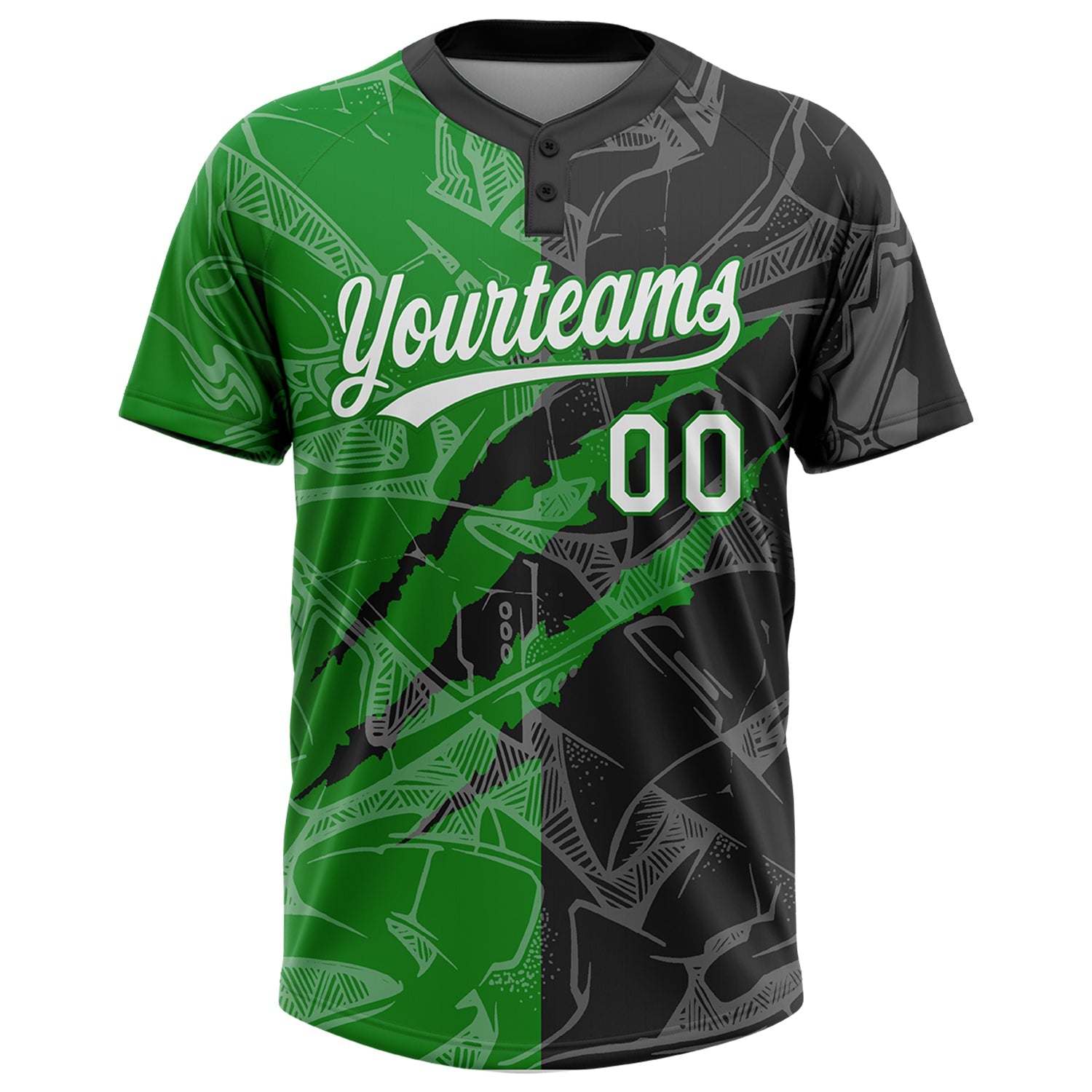 Custom Graffiti Pattern White Black-Grass Green 3D Scratch Two-Button Unisex Softball Jersey