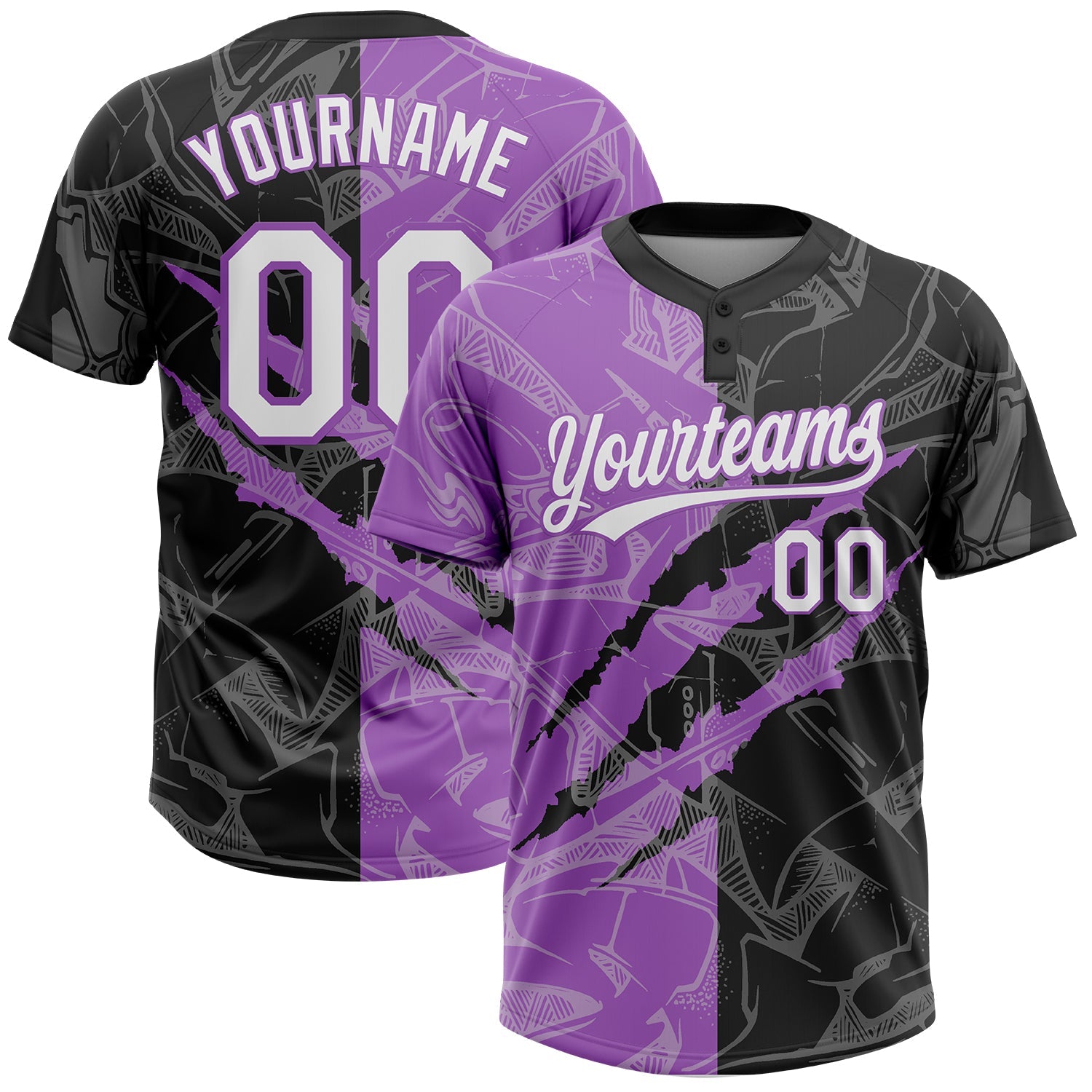 Custom Graffiti Pattern White Black-Medium Purple 3D Scratch Two-Button Unisex Softball Jersey