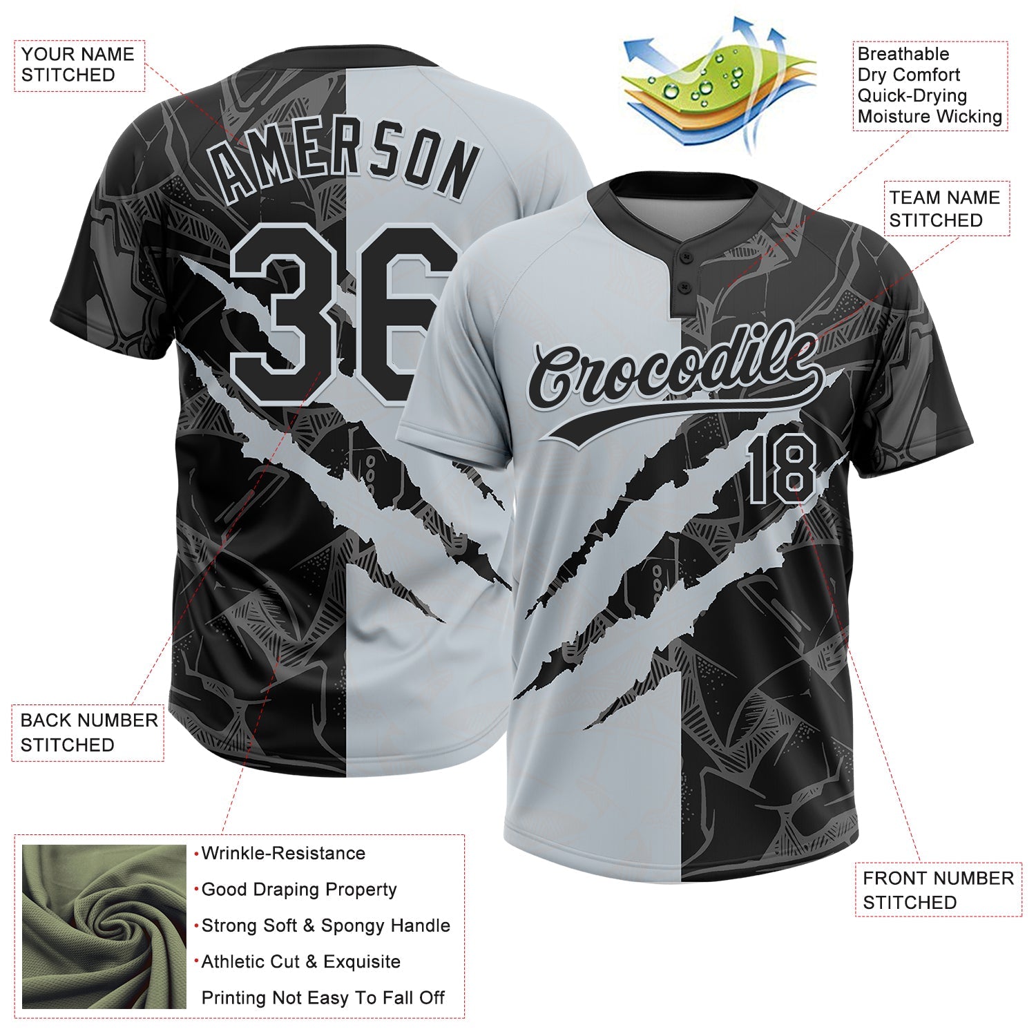 Custom Graffiti Pattern Black-Silver 3D Scratch Two-Button Unisex Softball Jersey