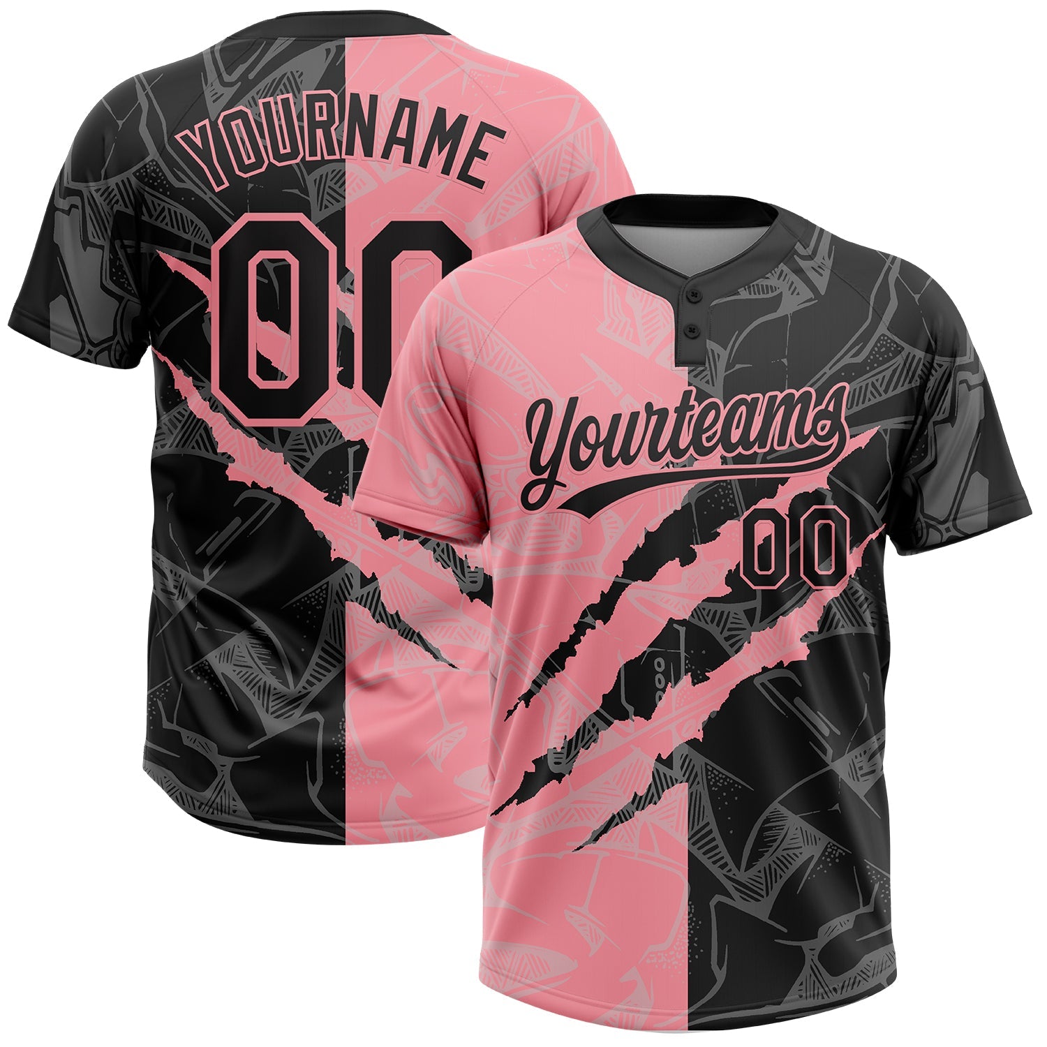 Custom Graffiti Pattern Black-Medium Pink 3D Scratch Two-Button Unisex Softball Jersey
