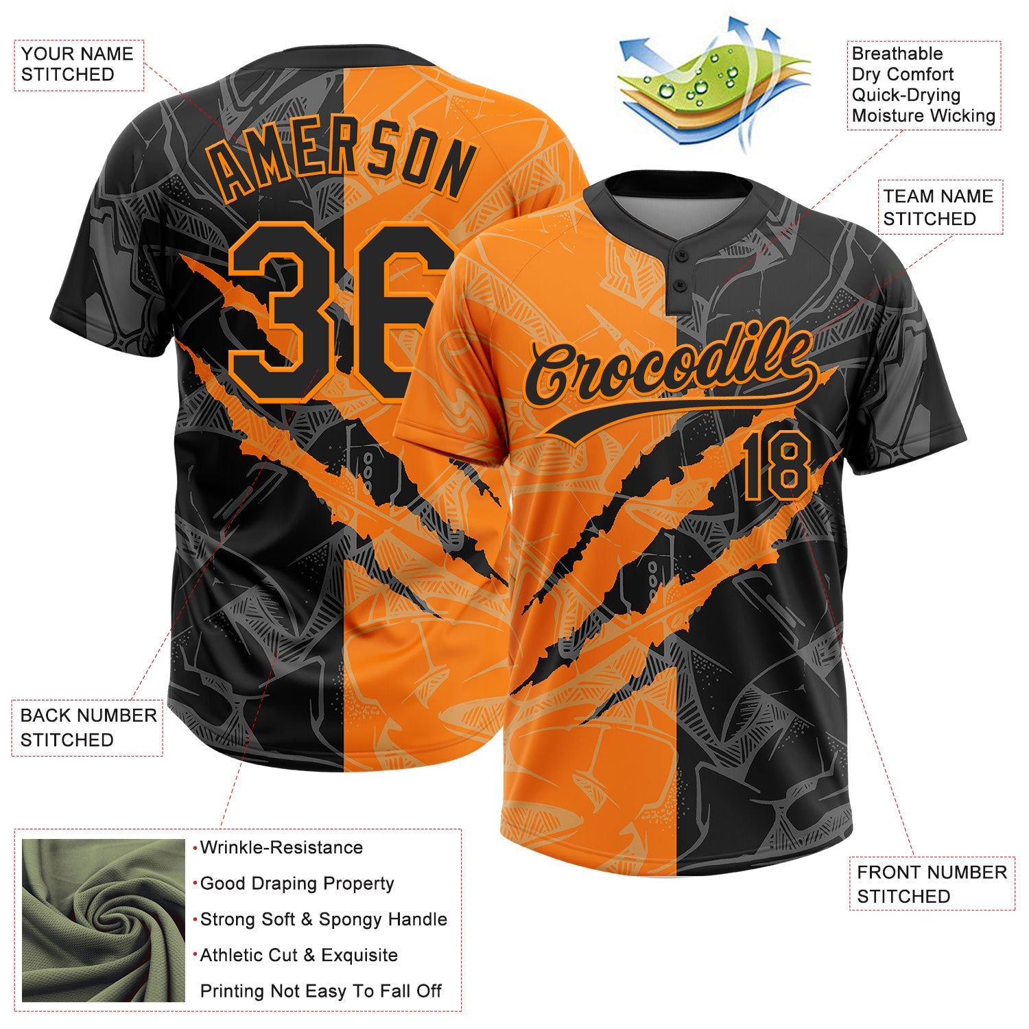 Custom Graffiti Pattern Black-Bay Orange 3D Scratch Two-Button Unisex Softball Jersey