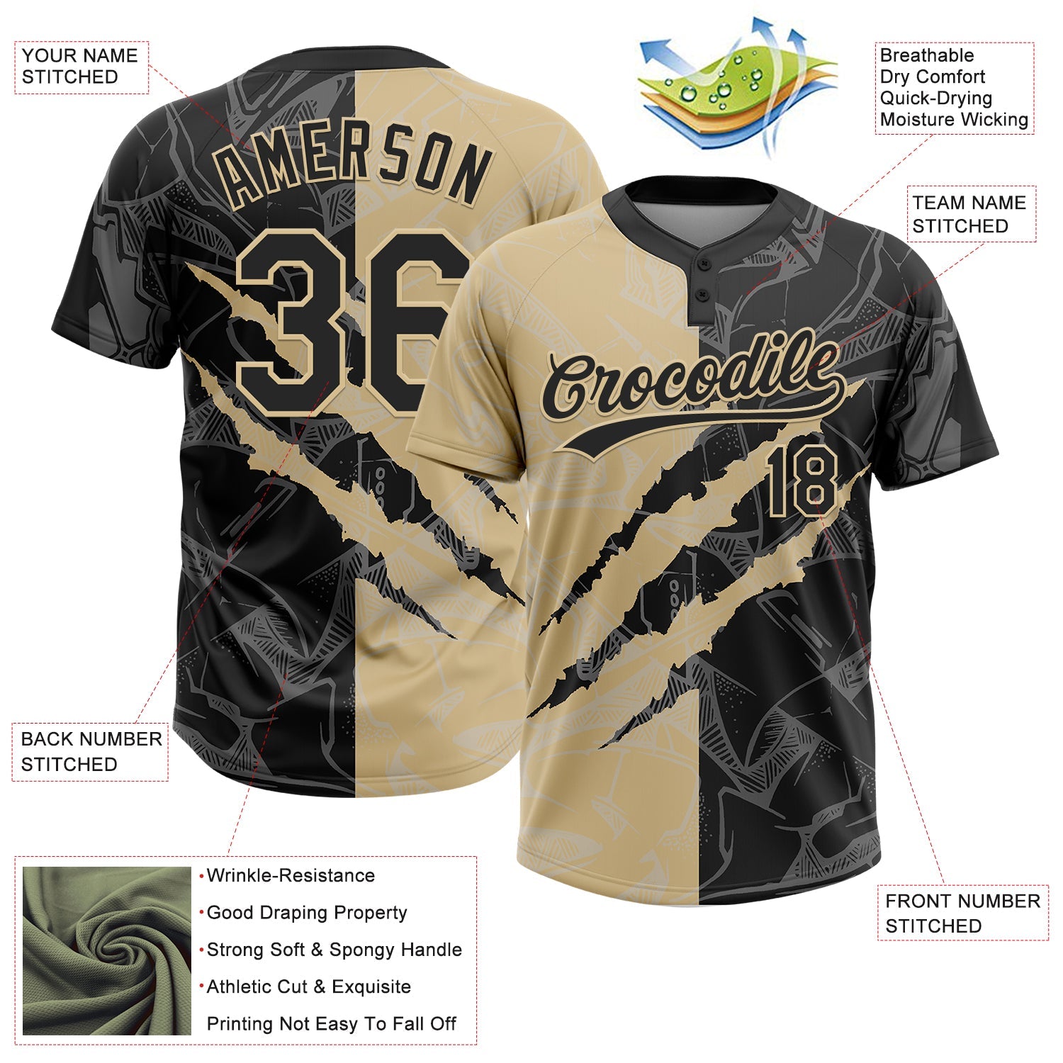 Custom Graffiti Pattern Black-Vegas Gold 3D Scratch Two-Button Unisex Softball Jersey