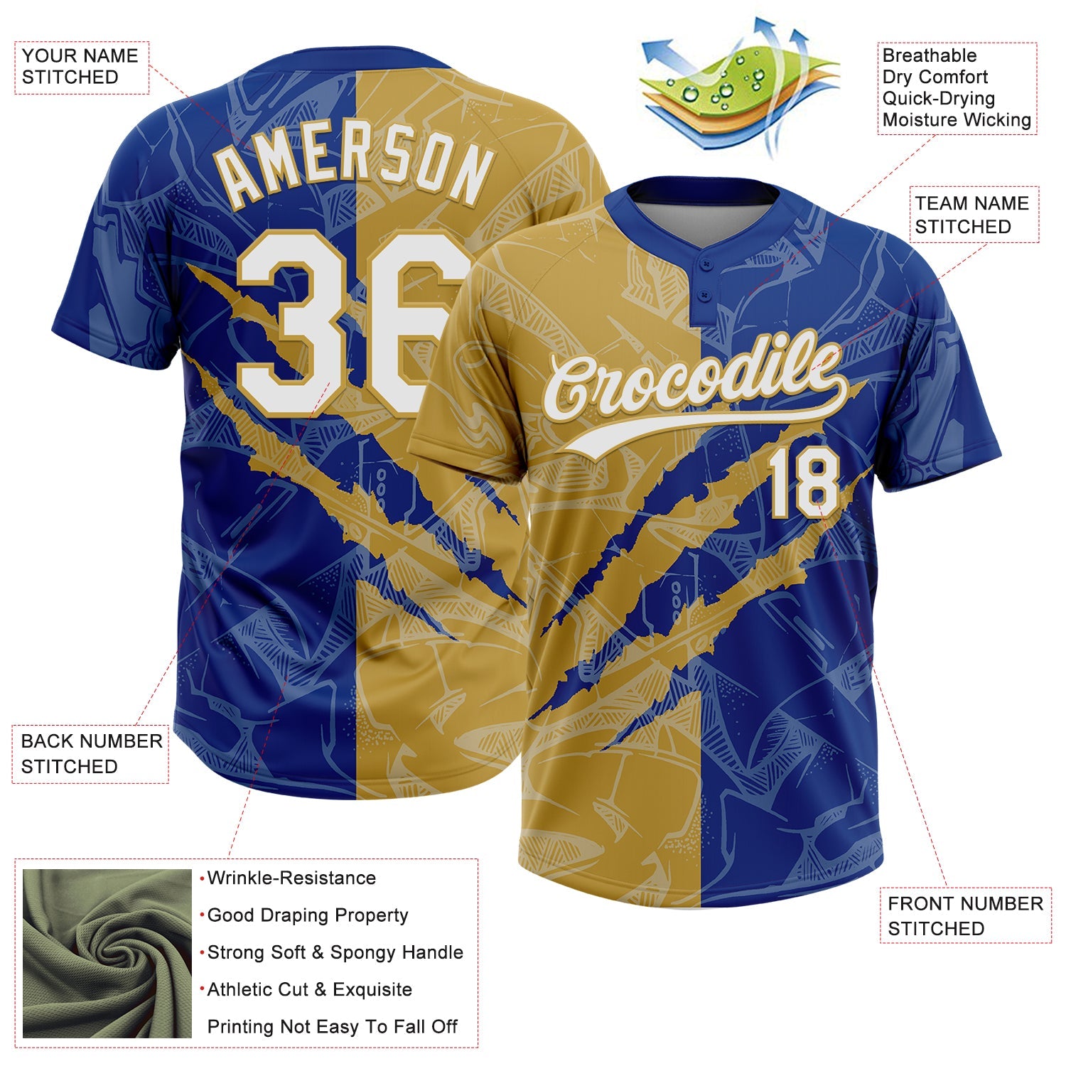 Custom Graffiti Pattern White Royal-Old Gold 3D Scratch Two-Button Unisex Softball Jersey