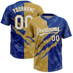 Custom Graffiti Pattern White Royal-Old Gold 3D Scratch Two-Button Unisex Softball Jersey