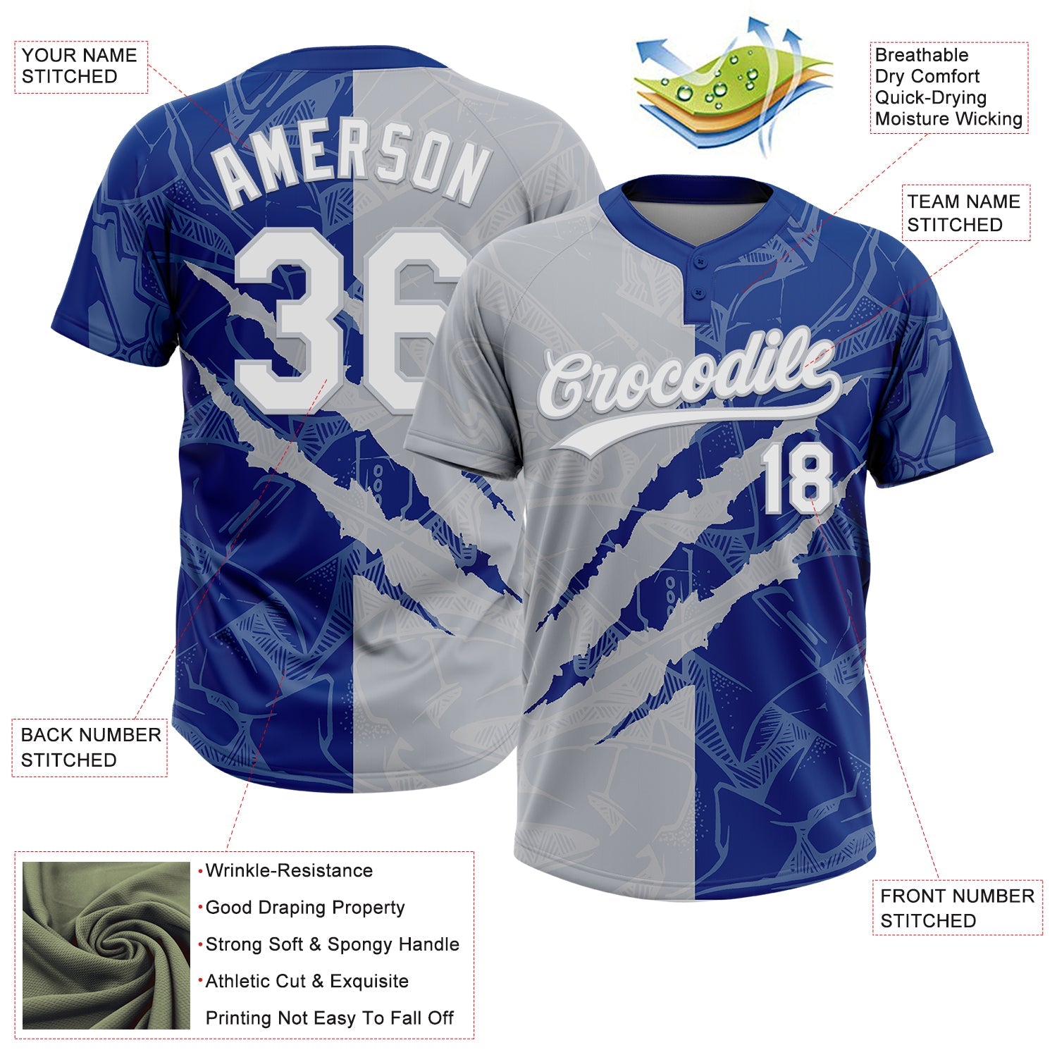 Custom Graffiti Pattern White Royal-Gray 3D Scratch Two-Button Unisex Softball Jersey