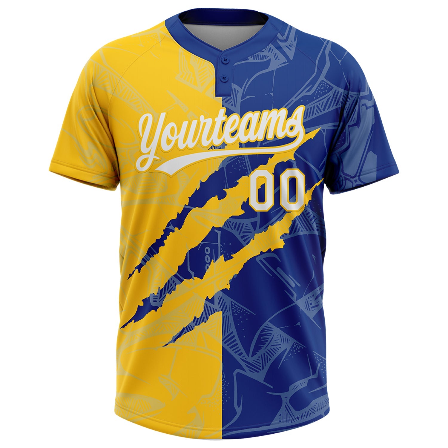 Custom Graffiti Pattern White Royal-Yellow 3D Scratch Two-Button Unisex Softball Jersey
