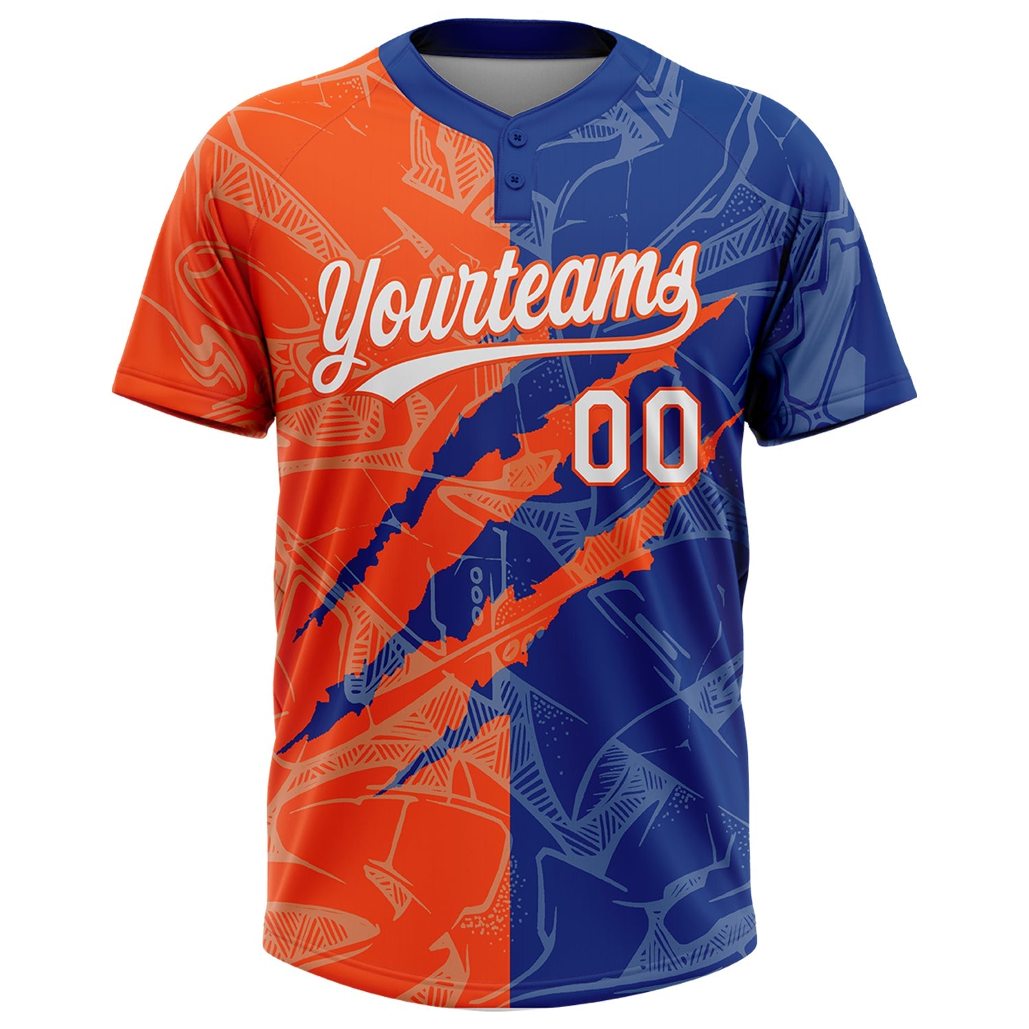 Custom Graffiti Pattern White Royal-Orange 3D Scratch Two-Button Unisex Softball Jersey