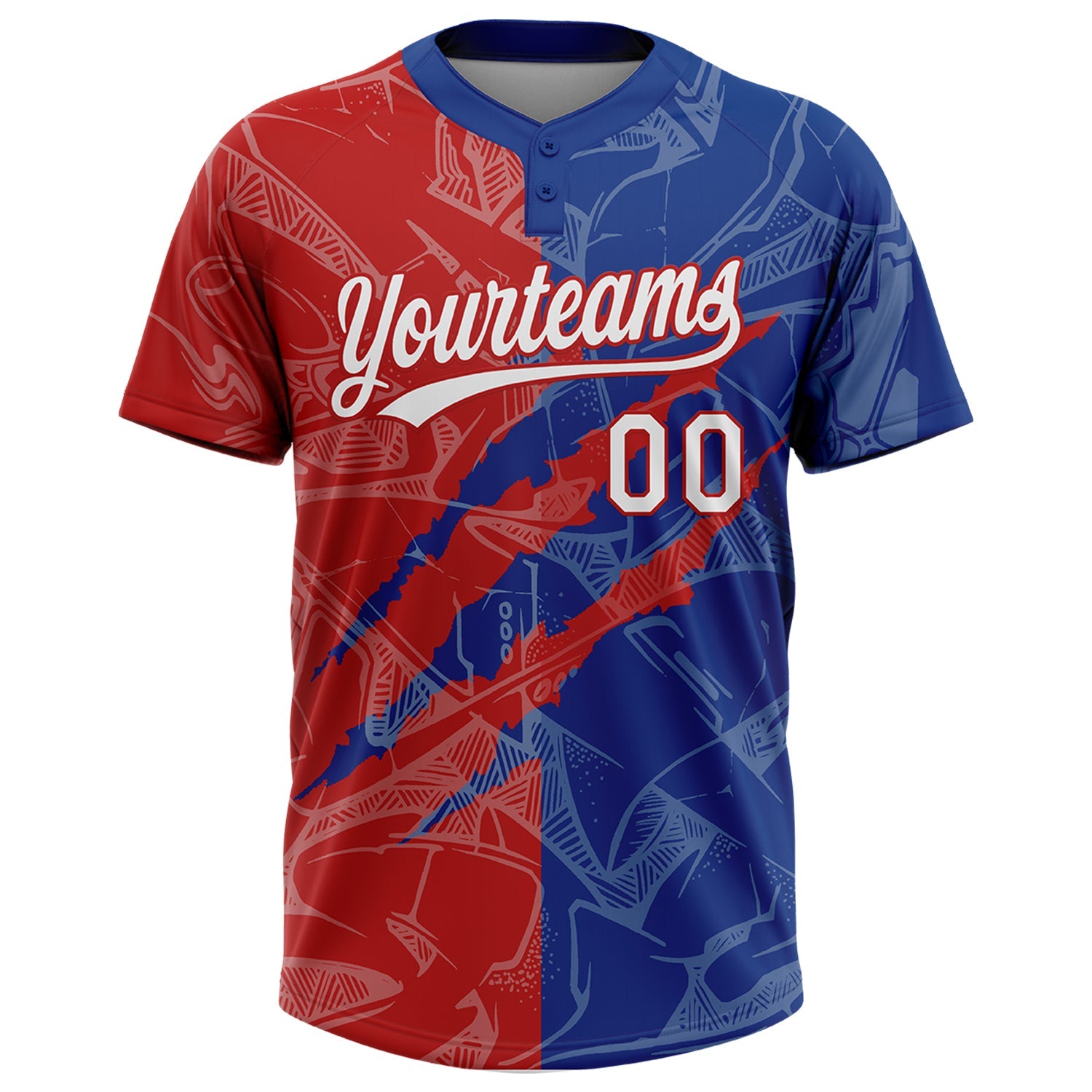Custom Graffiti Pattern White Royal-Red 3D Scratch Two-Button Unisex Softball Jersey