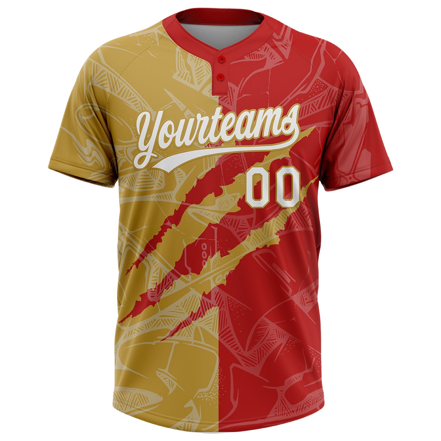 Custom Graffiti Pattern White Red-Gold 3D Scratch Two-Button Unisex Softball Jersey