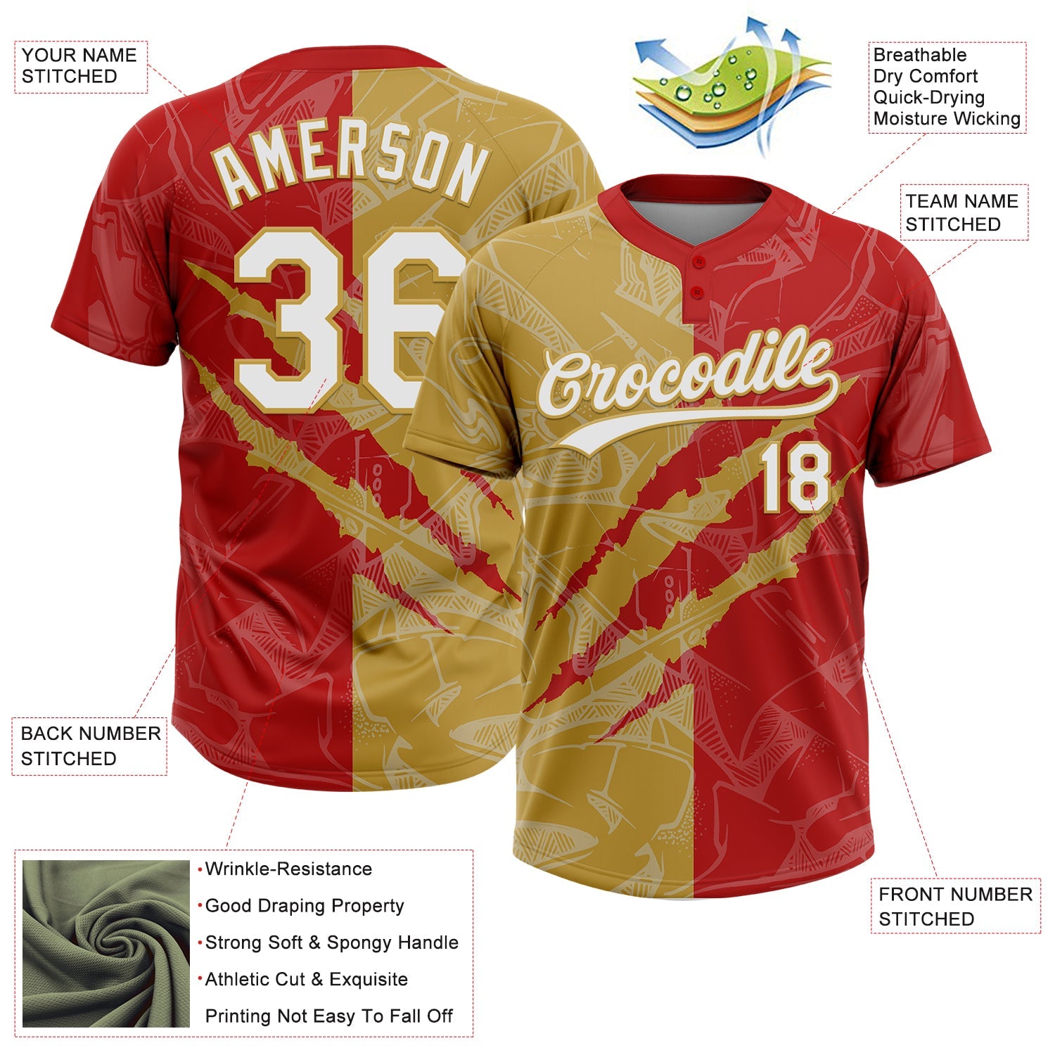 Custom Graffiti Pattern White Red-Old Gold 3D Scratch Two-Button Unisex Softball Jersey