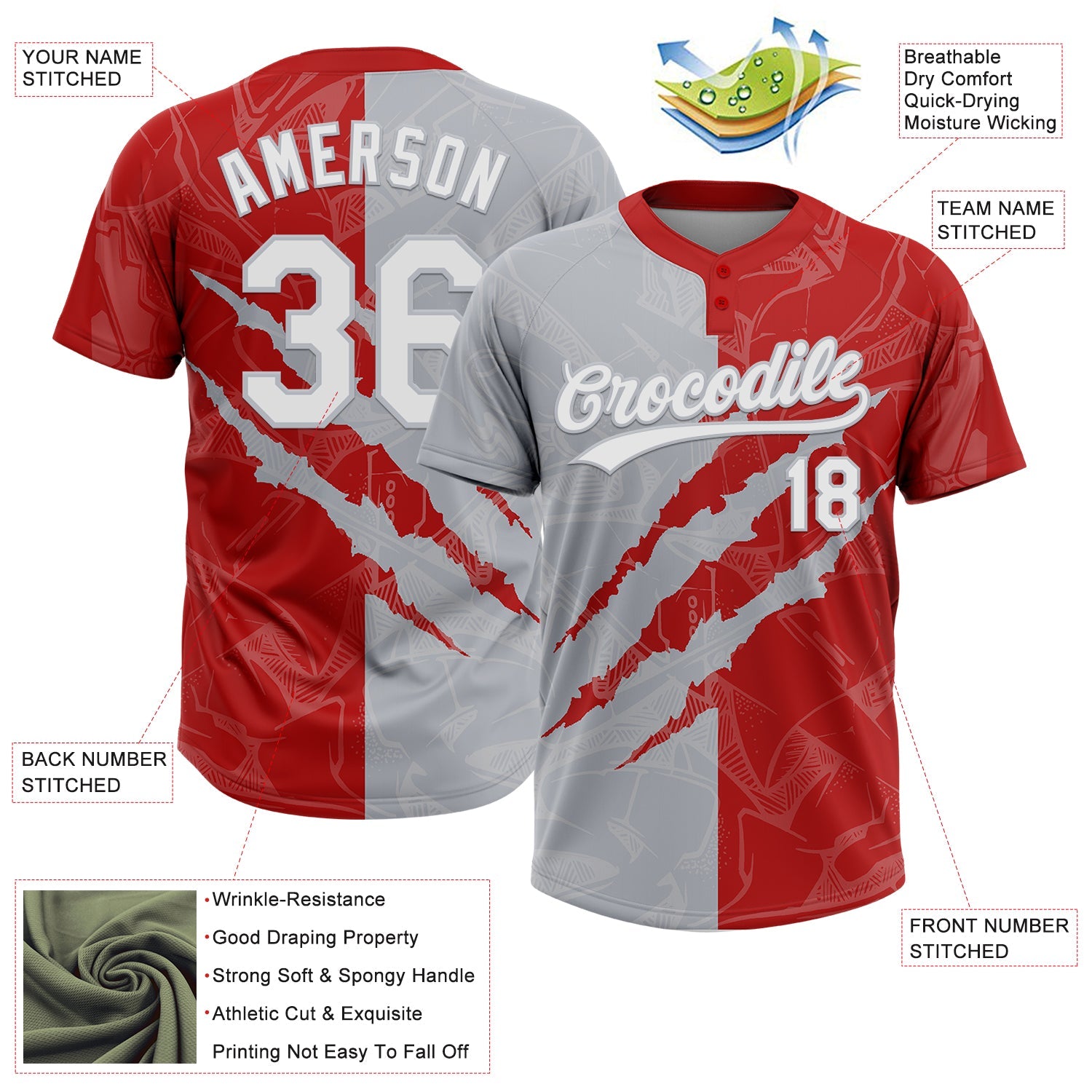 Custom Graffiti Pattern White Red-Gray 3D Scratch Two-Button Unisex Softball Jersey