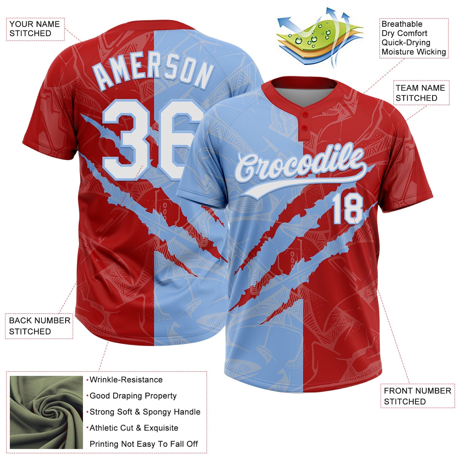 Custom Graffiti Pattern White Red-Light Blue 3D Scratch Two-Button Unisex Softball Jersey