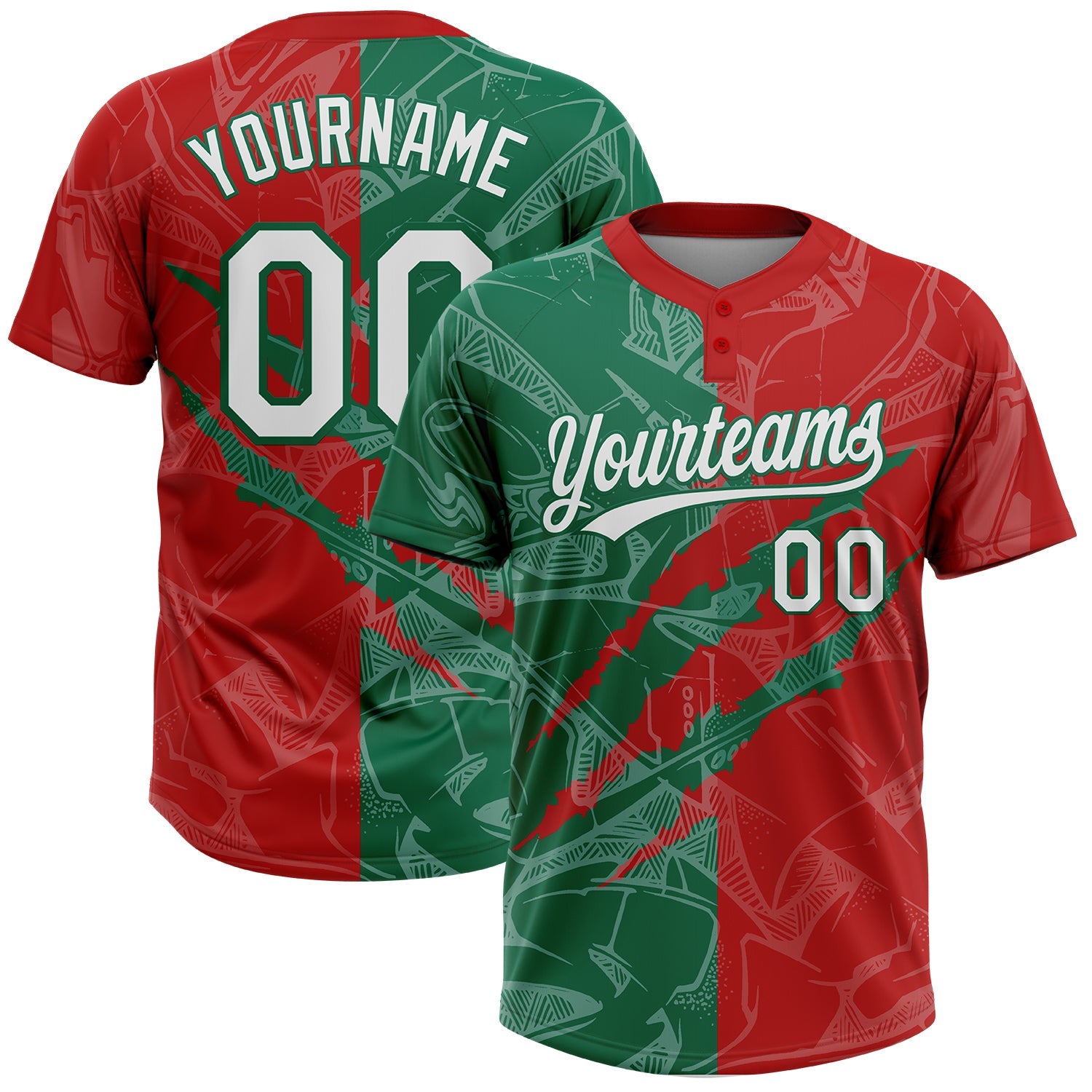 Custom Graffiti Pattern White Red-Kelly Green 3D Scratch Two-Button Unisex Softball Jersey