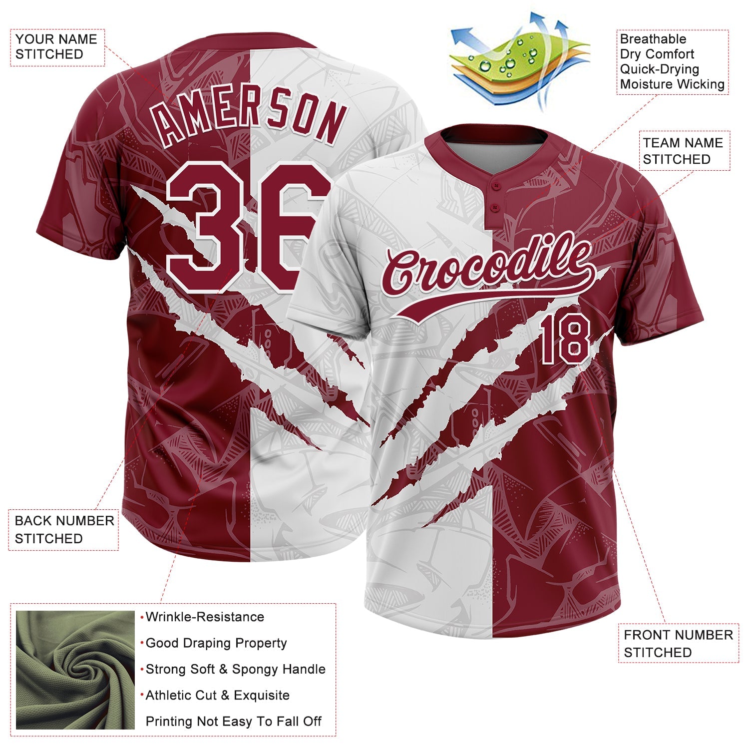 Custom Graffiti Pattern Crimson-White 3D Scratch Two-Button Unisex Softball Jersey