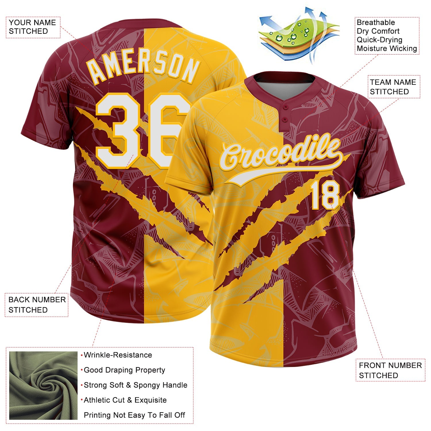 Custom Graffiti Pattern White Crimson-Gold 3D Scratch Two-Button Unisex Softball Jersey