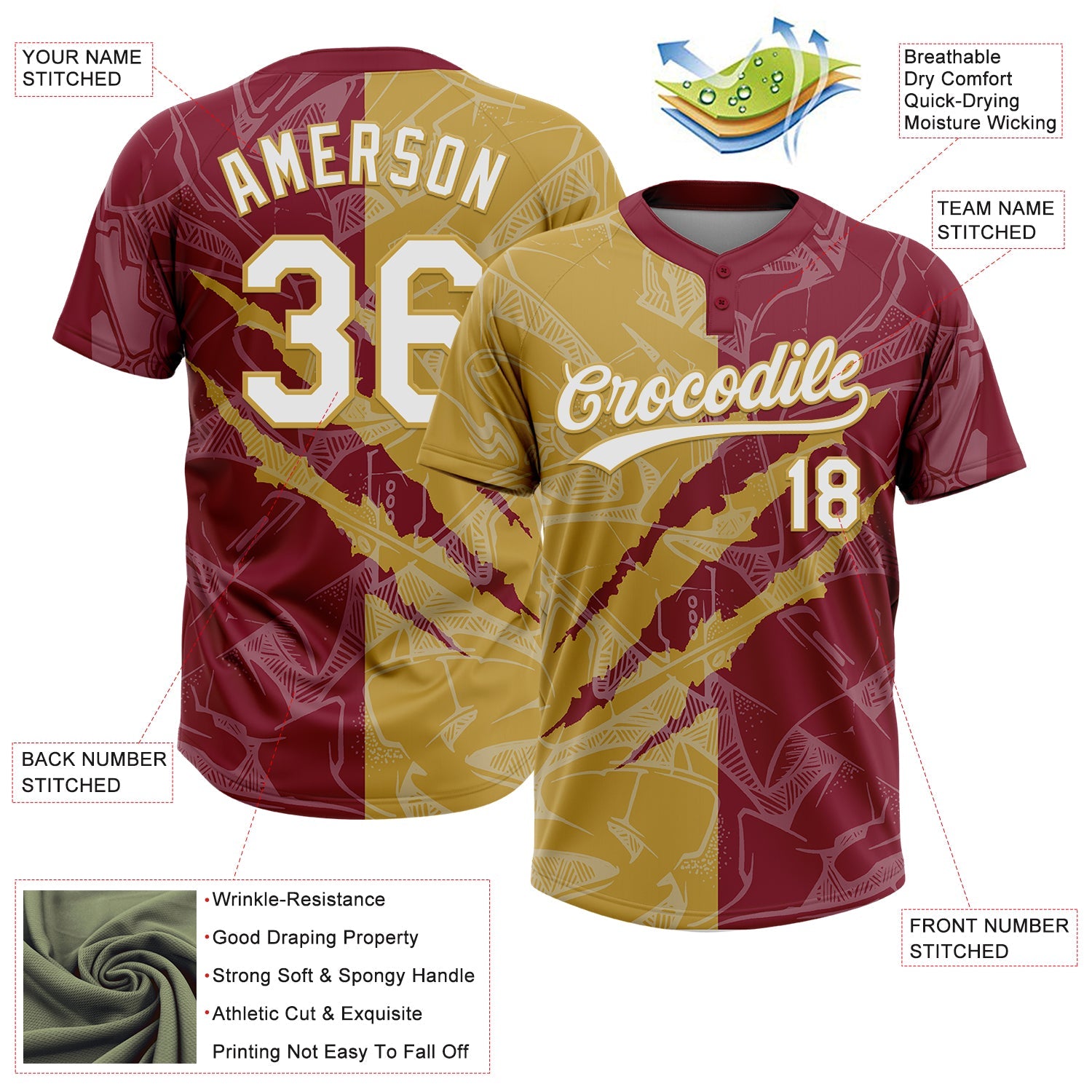 Custom Graffiti Pattern White Crimson-Old Gold 3D Scratch Two-Button Unisex Softball Jersey