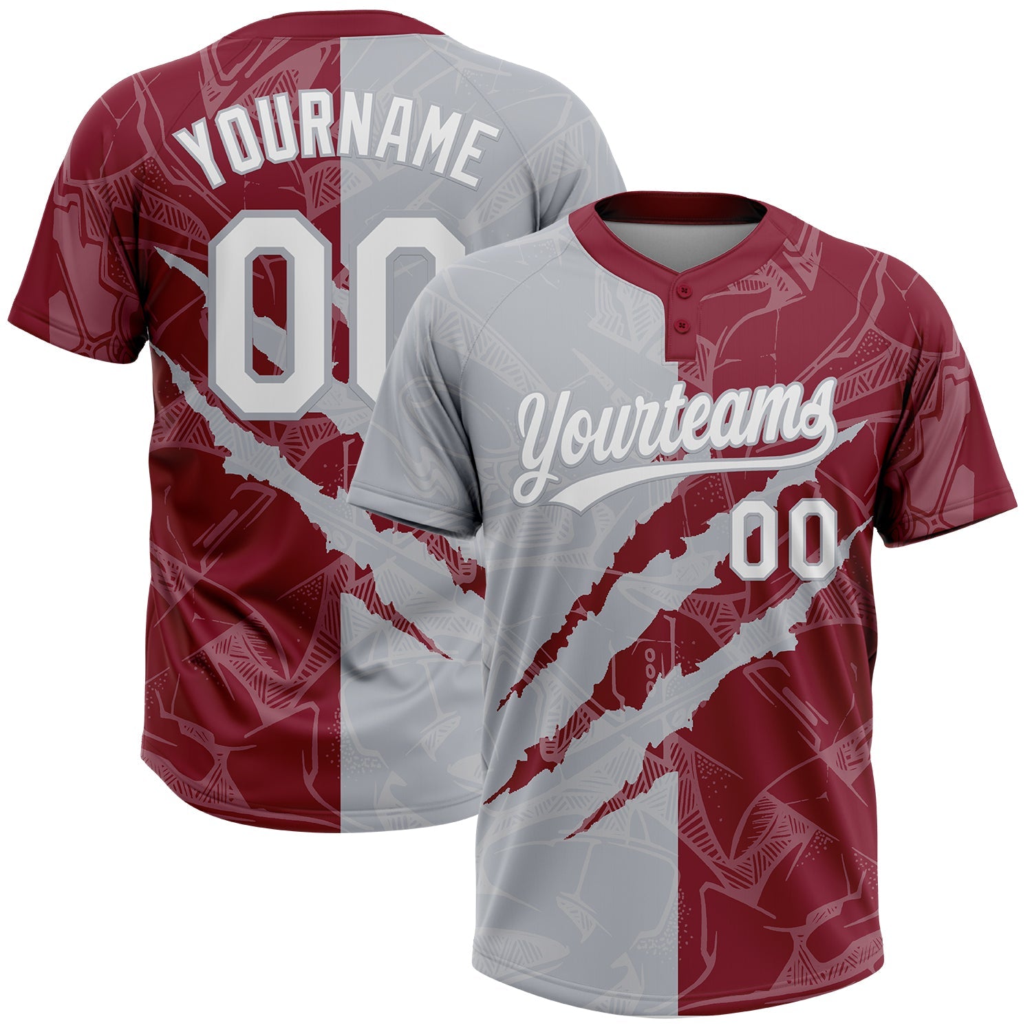 Custom Graffiti Pattern White Crimson-Gray 3D Scratch Two-Button Unisex Softball Jersey