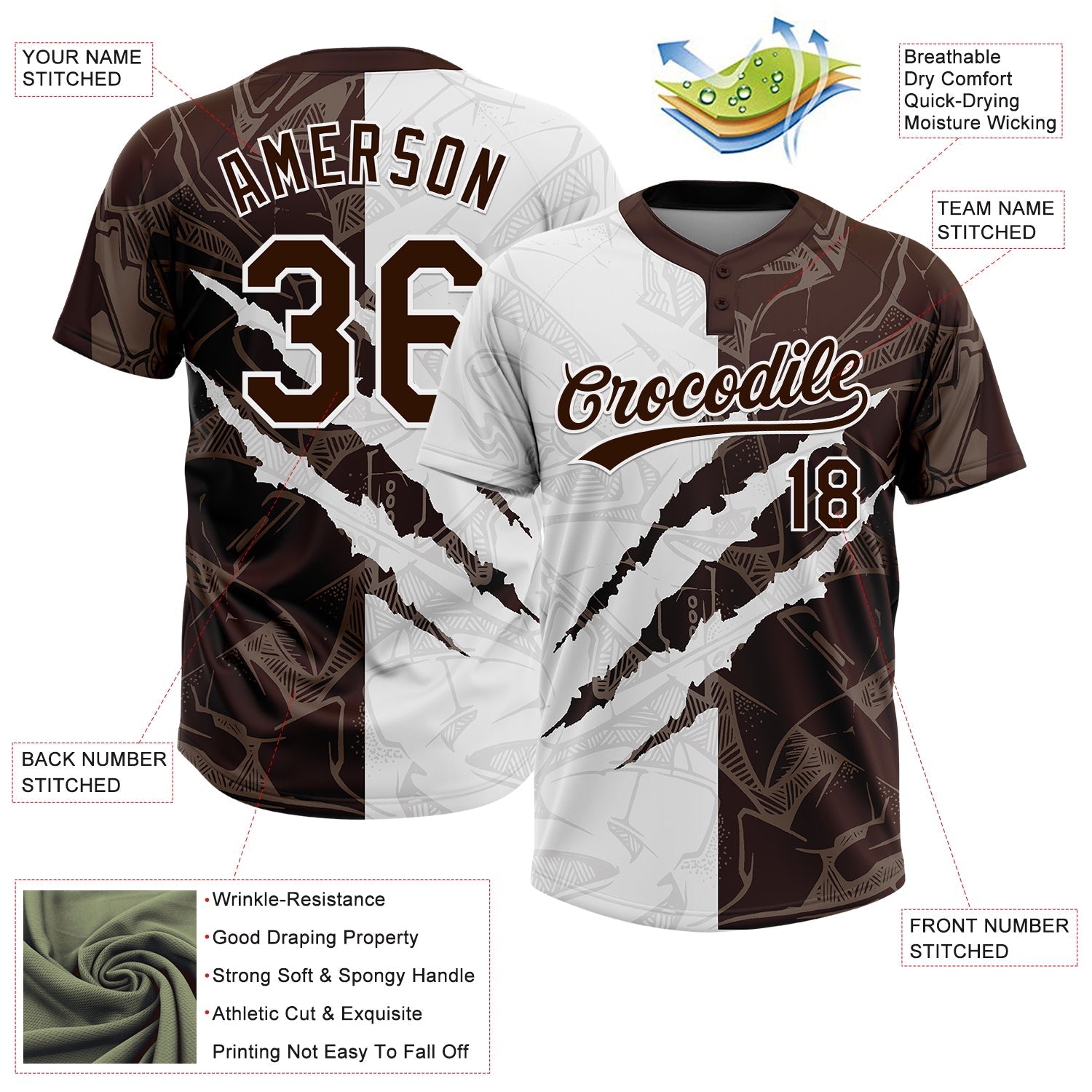 Custom Graffiti Pattern Brown-White 3D Scratch Two-Button Unisex Softball Jersey