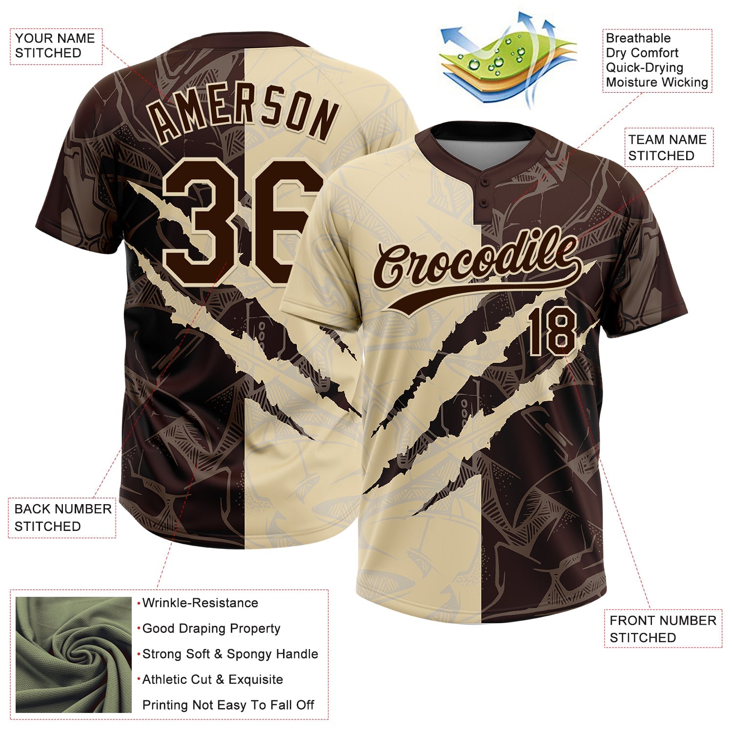Custom Graffiti Pattern Brown-Cream 3D Scratch Two-Button Unisex Softball Jersey