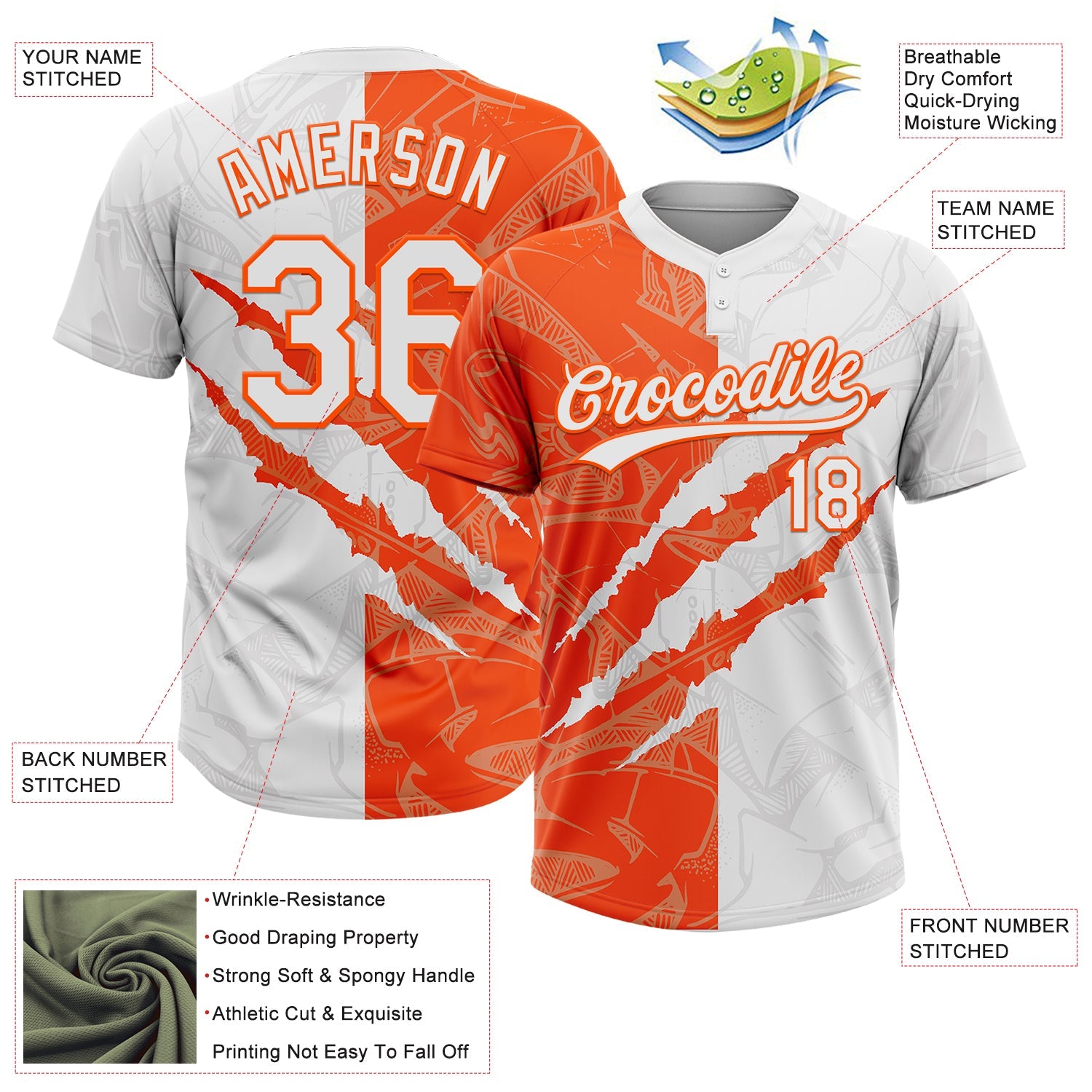Custom Graffiti Pattern White-Orange 3D Scratch Two-Button Unisex Softball Jersey
