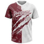 Custom Graffiti Pattern White-Burgundy 3D Scratch Two-Button Unisex Softball Jersey