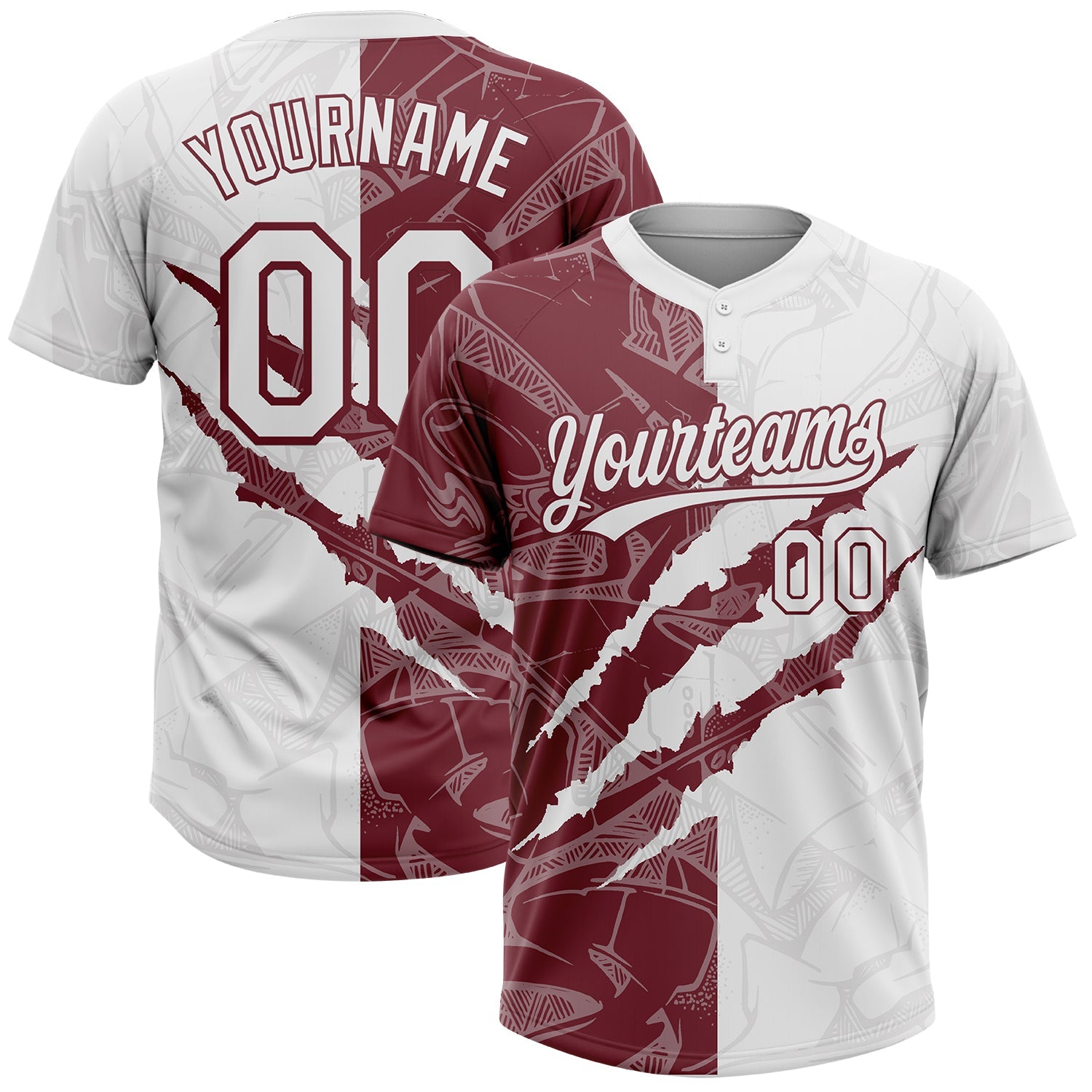 Custom Graffiti Pattern White-Burgundy 3D Scratch Two-Button Unisex Softball Jersey