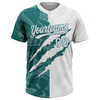 Custom Graffiti Pattern White-Teal 3D Scratch Two-Button Unisex Softball Jersey