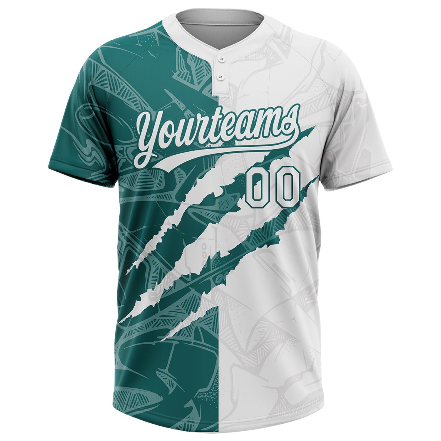 Custom Graffiti Pattern White-Teal 3D Scratch Two-Button Unisex Softball Jersey