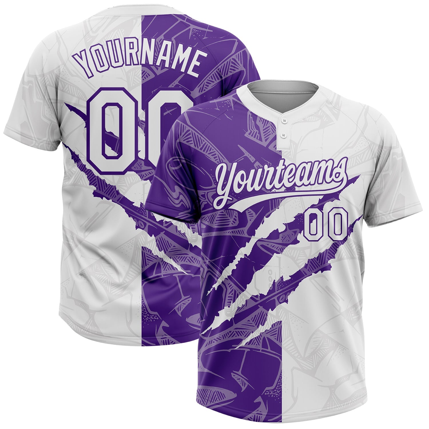 Custom Graffiti Pattern White-Purple 3D Scratch Two-Button Unisex Softball Jersey