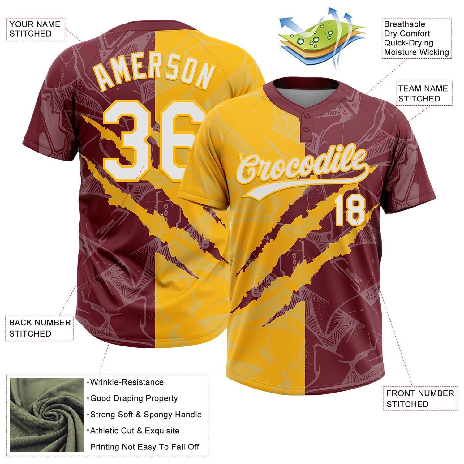 Custom Graffiti Pattern White Burgundy-Gold 3D Scratch Two-Button Unisex Softball Jersey