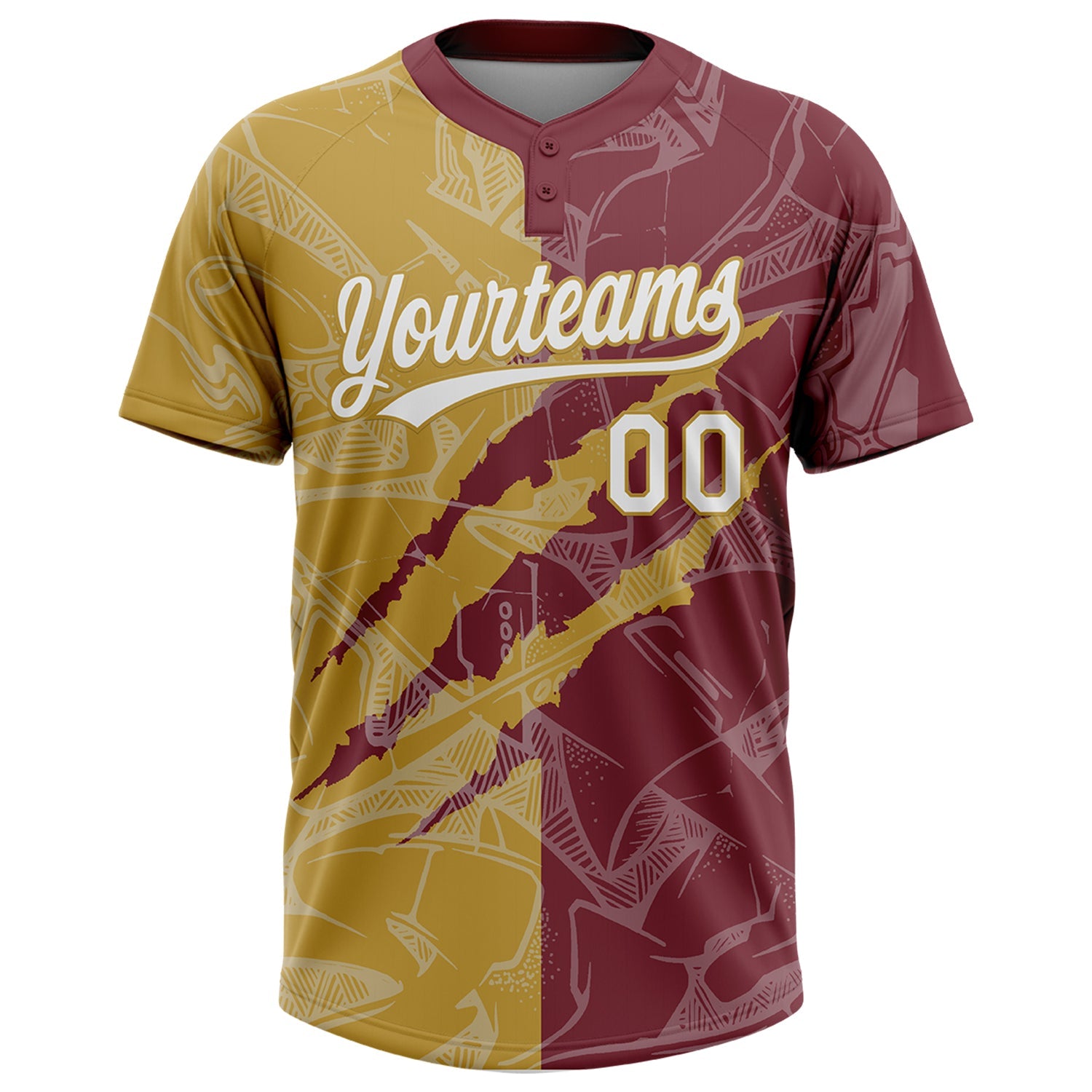 Custom Graffiti Pattern White Burgundy-Old Gold 3D Scratch Two-Button Unisex Softball Jersey