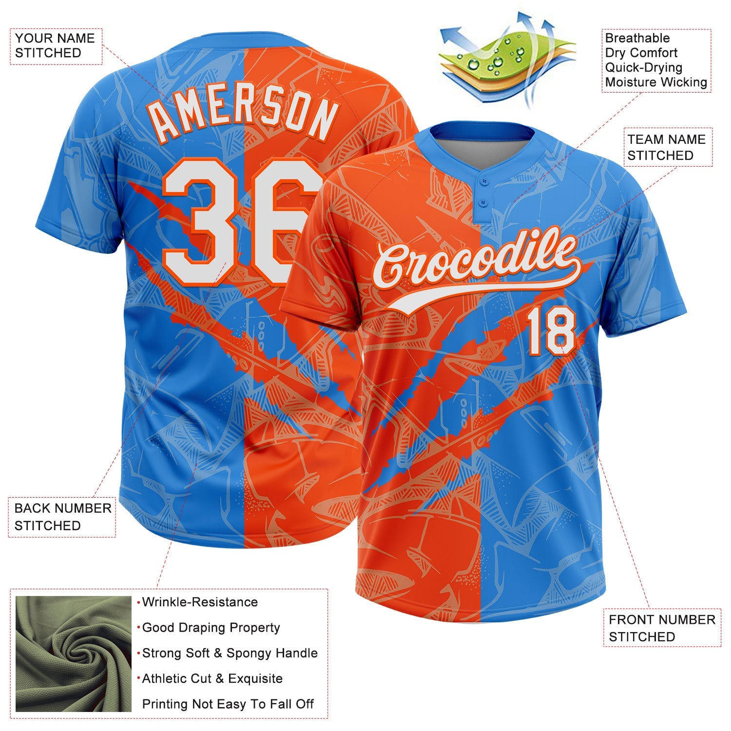 Custom Graffiti Pattern White Electric Blue-Orange 3D Scratch Two-Button Unisex Softball Jersey