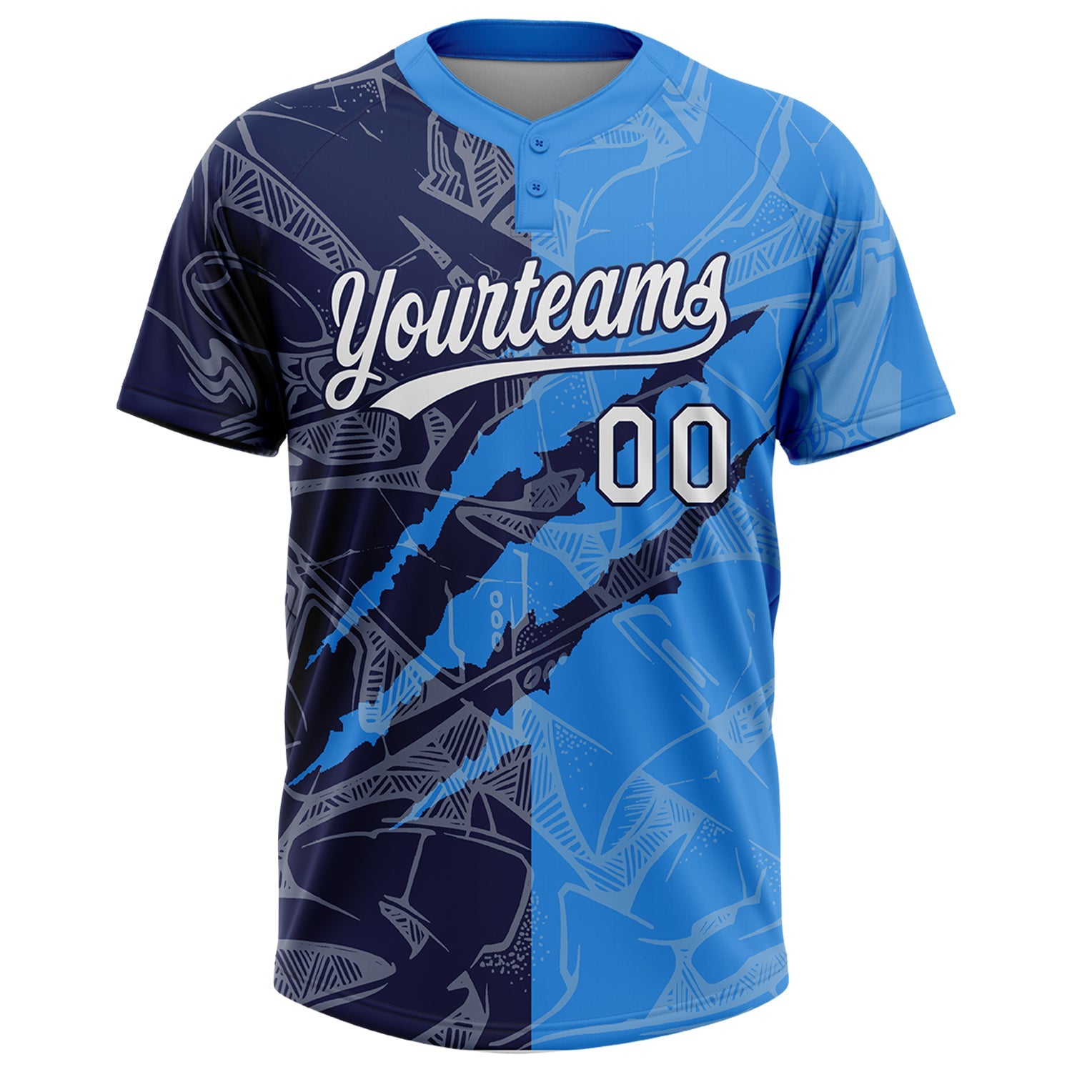 Custom Graffiti Pattern White Electric Blue-Navy 3D Scratch Two-Button Unisex Softball Jersey