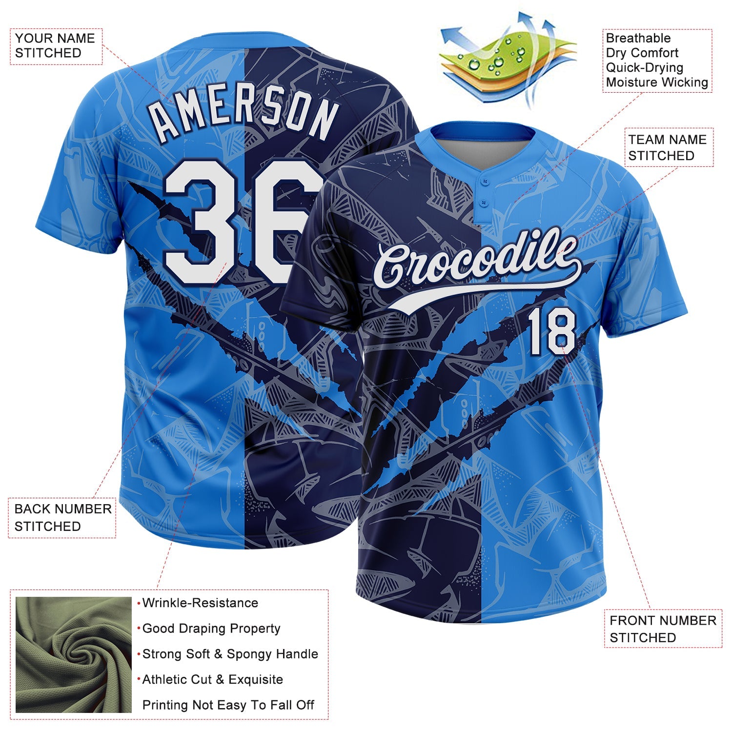 Custom Graffiti Pattern White Electric Blue-Navy 3D Scratch Two-Button Unisex Softball Jersey