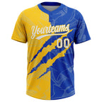 Custom Graffiti Pattern White Thunder Blue-Yellow 3D Scratch Two-Button Unisex Softball Jersey