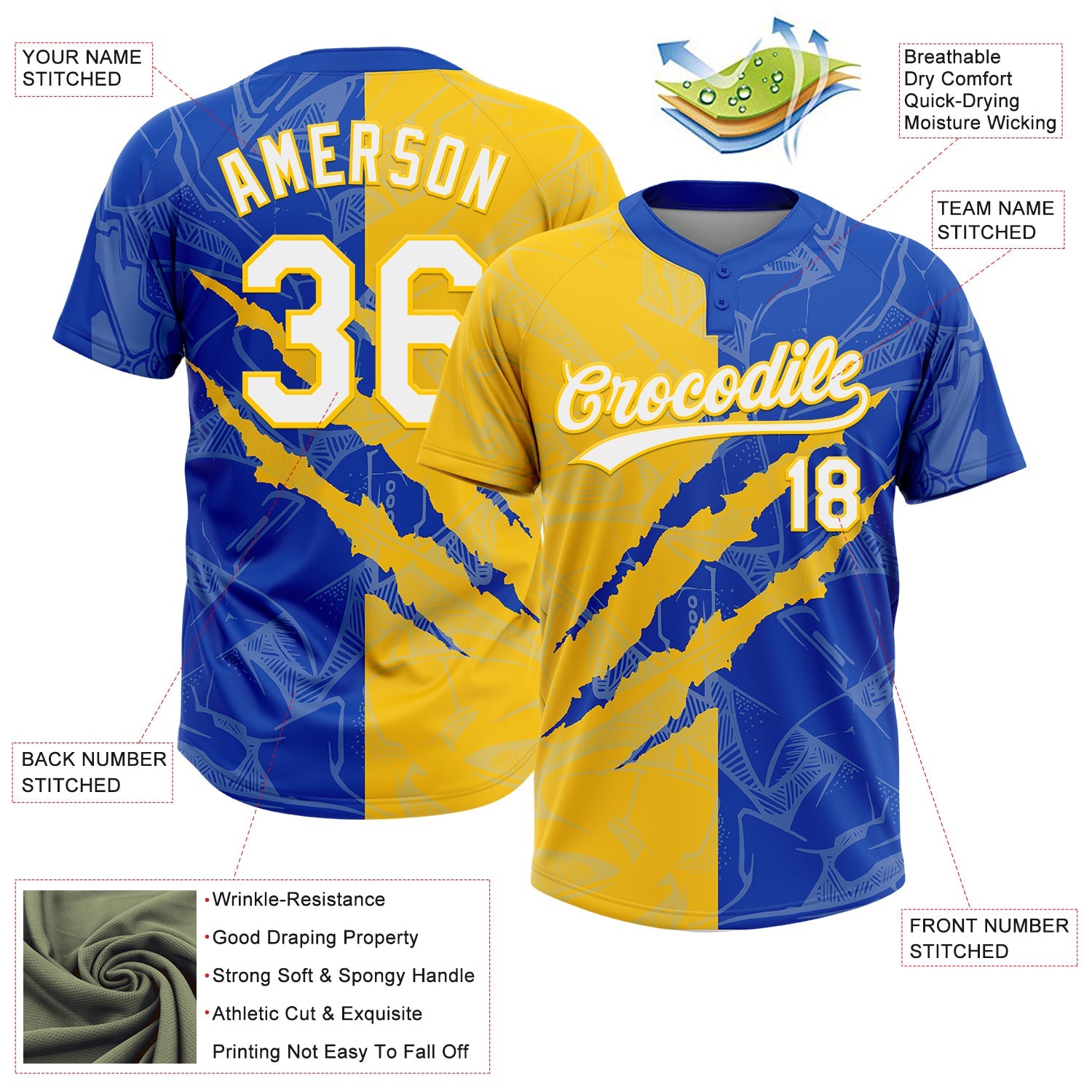 Custom Graffiti Pattern White Thunder Blue-Yellow 3D Scratch Two-Button Unisex Softball Jersey