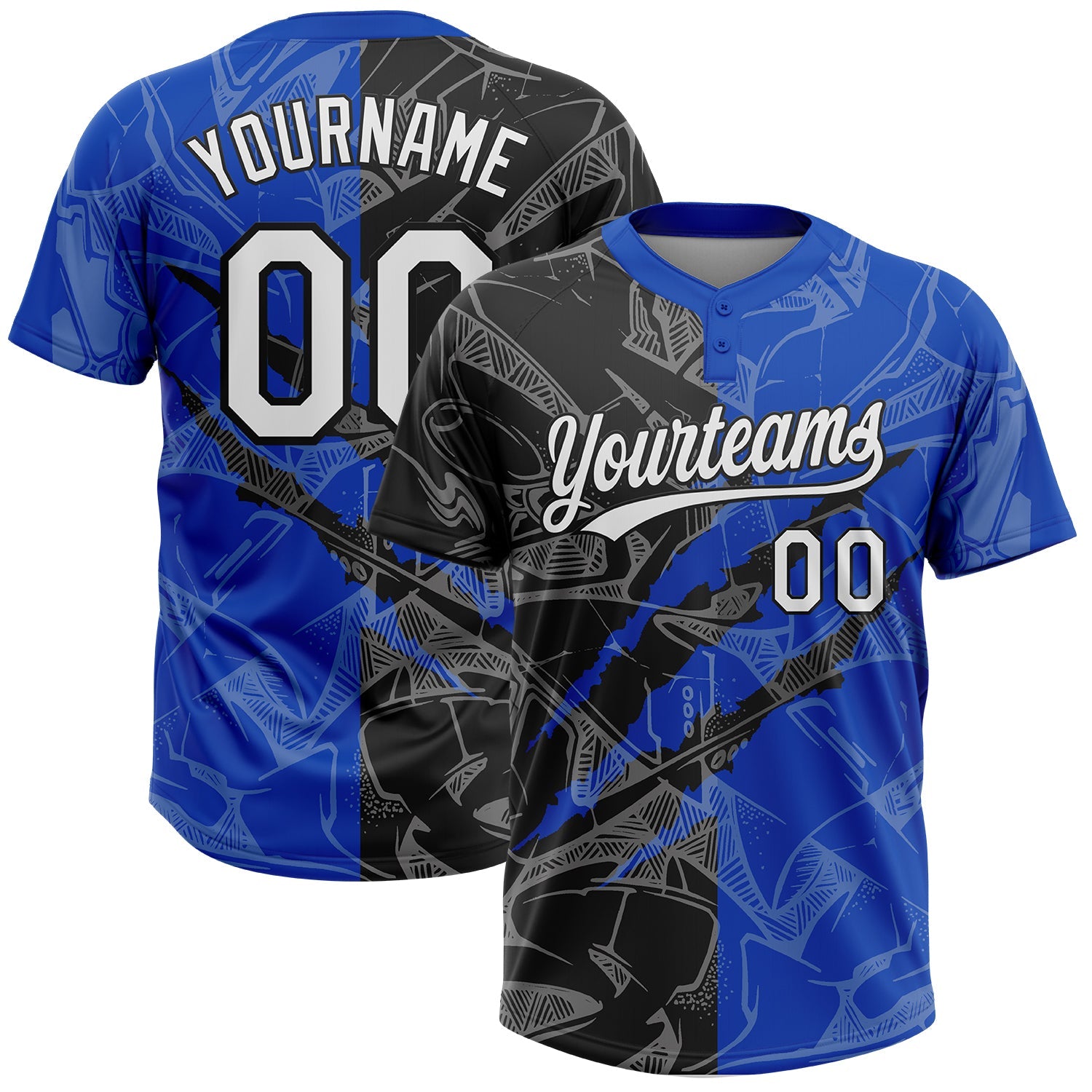 Custom Graffiti Pattern White Thunder Blue-Black 3D Scratch Two-Button Unisex Softball Jersey
