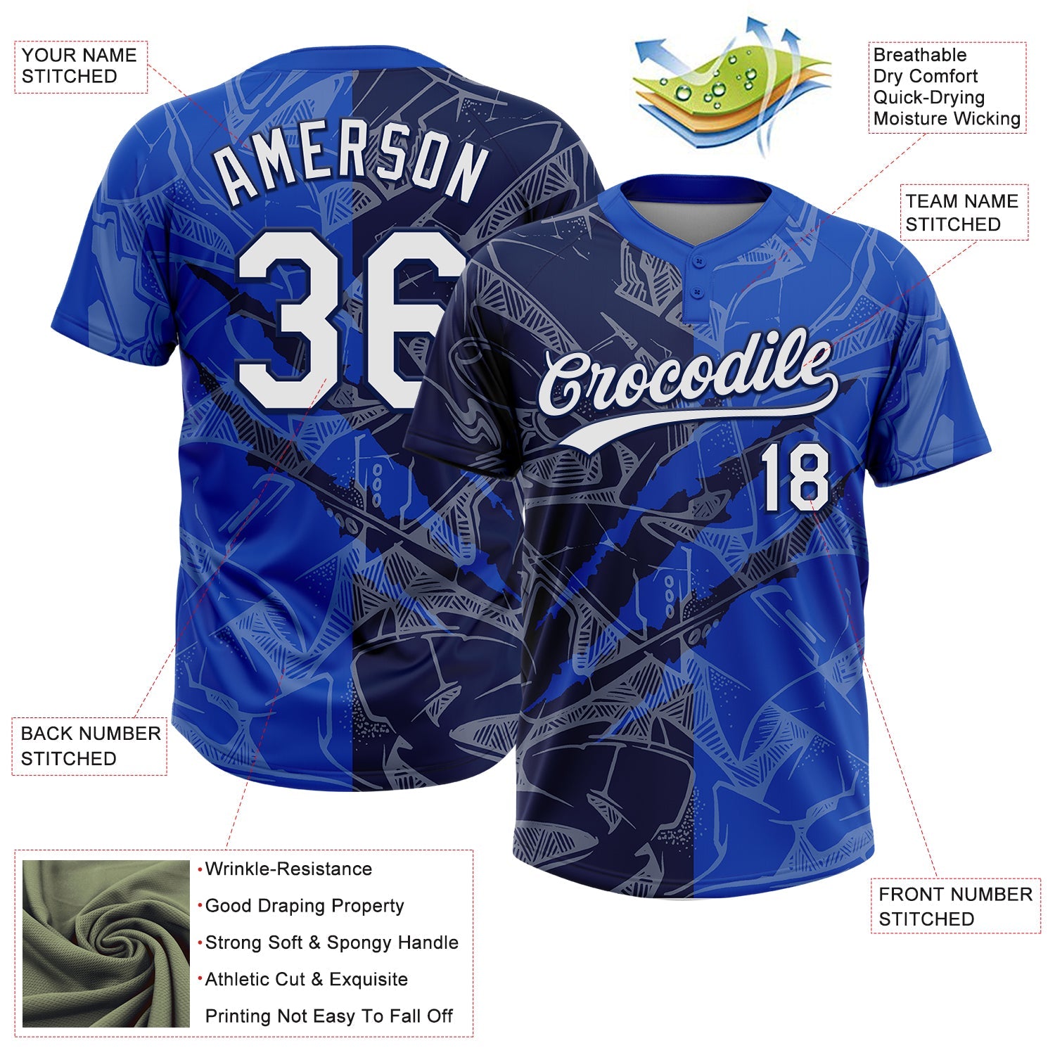 Custom Graffiti Pattern White Thunder Blue-Navy 3D Scratch Two-Button Unisex Softball Jersey