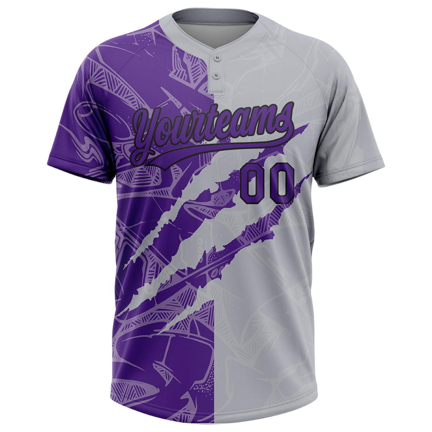 Custom Graffiti Pattern Purple Gray-Black 3D Scratch Two-Button Unisex Softball Jersey