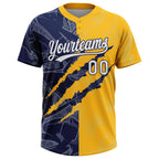 Custom Graffiti Pattern White Gold-Navy 3D Scratch Two-Button Unisex Softball Jersey