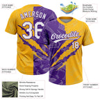 Custom Graffiti Pattern White Gold-Purple 3D Scratch Two-Button Unisex Softball Jersey