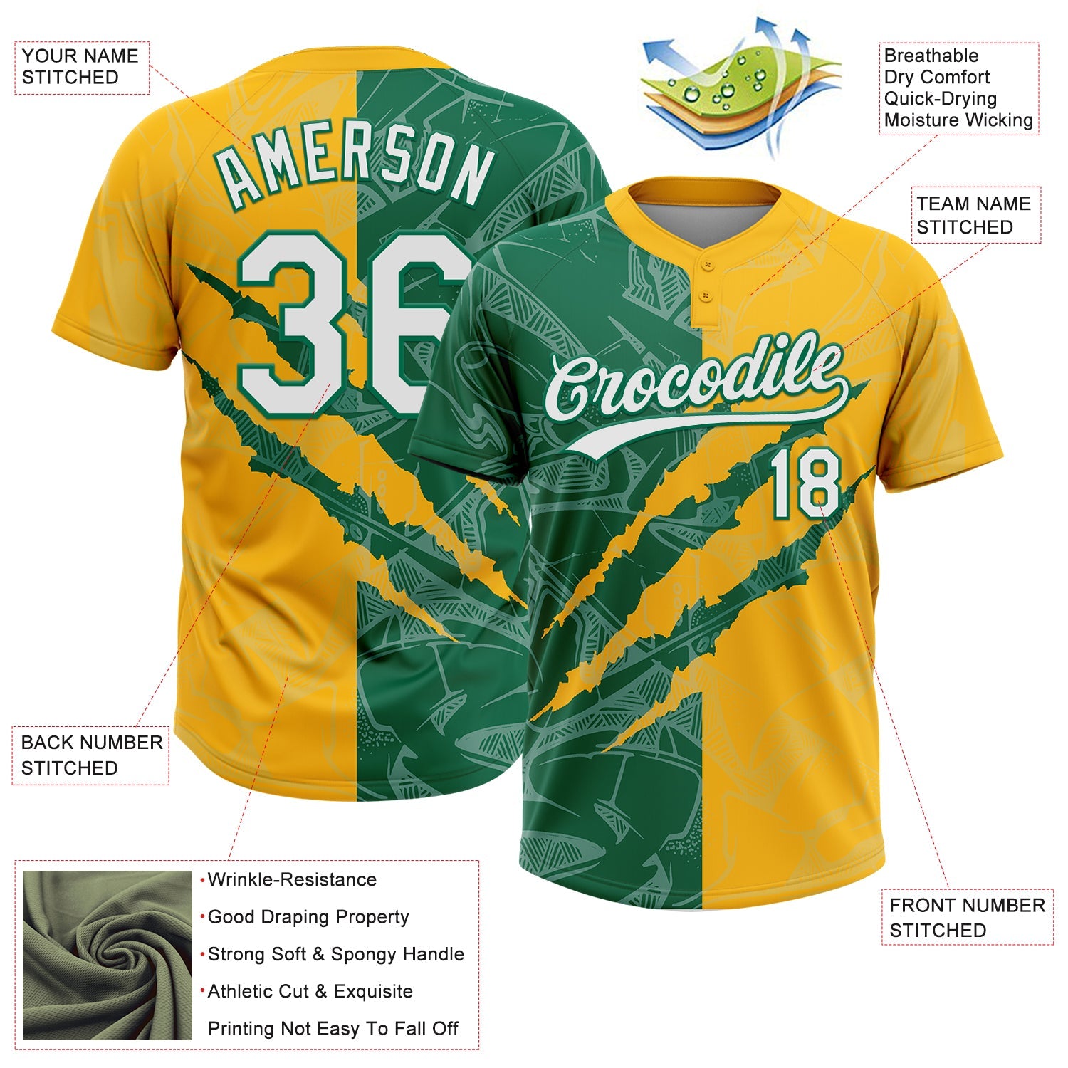 Custom Graffiti Pattern White Gold-Kelly Green 3D Scratch Two-Button Unisex Softball Jersey