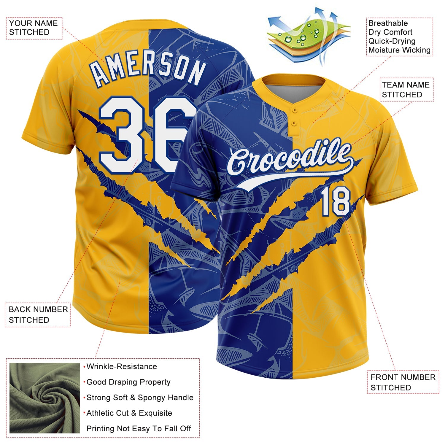 Custom Graffiti Pattern White Gold-Royal 3D Scratch Two-Button Unisex Softball Jersey