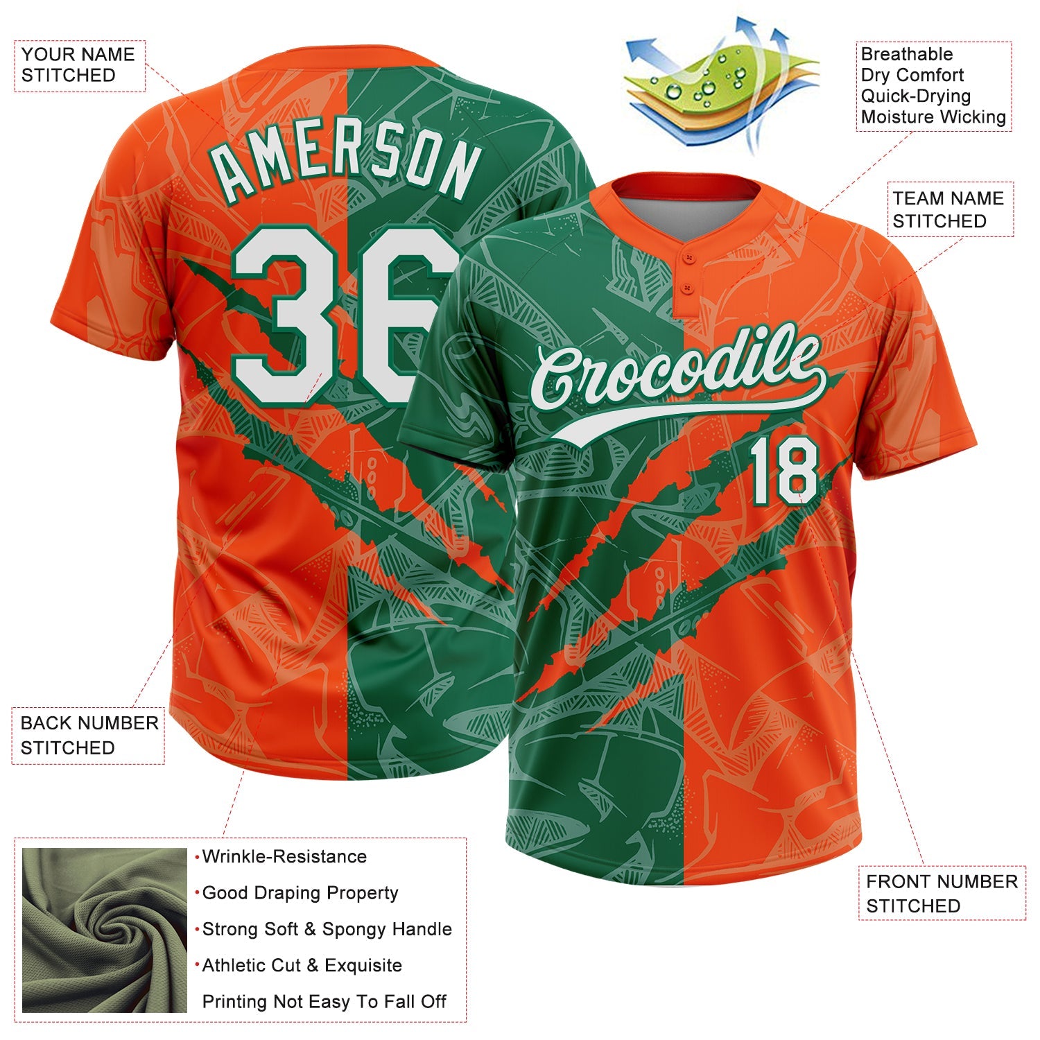 Custom Graffiti Pattern White Orange-Kelly Green 3D Scratch Two-Button Unisex Softball Jersey
